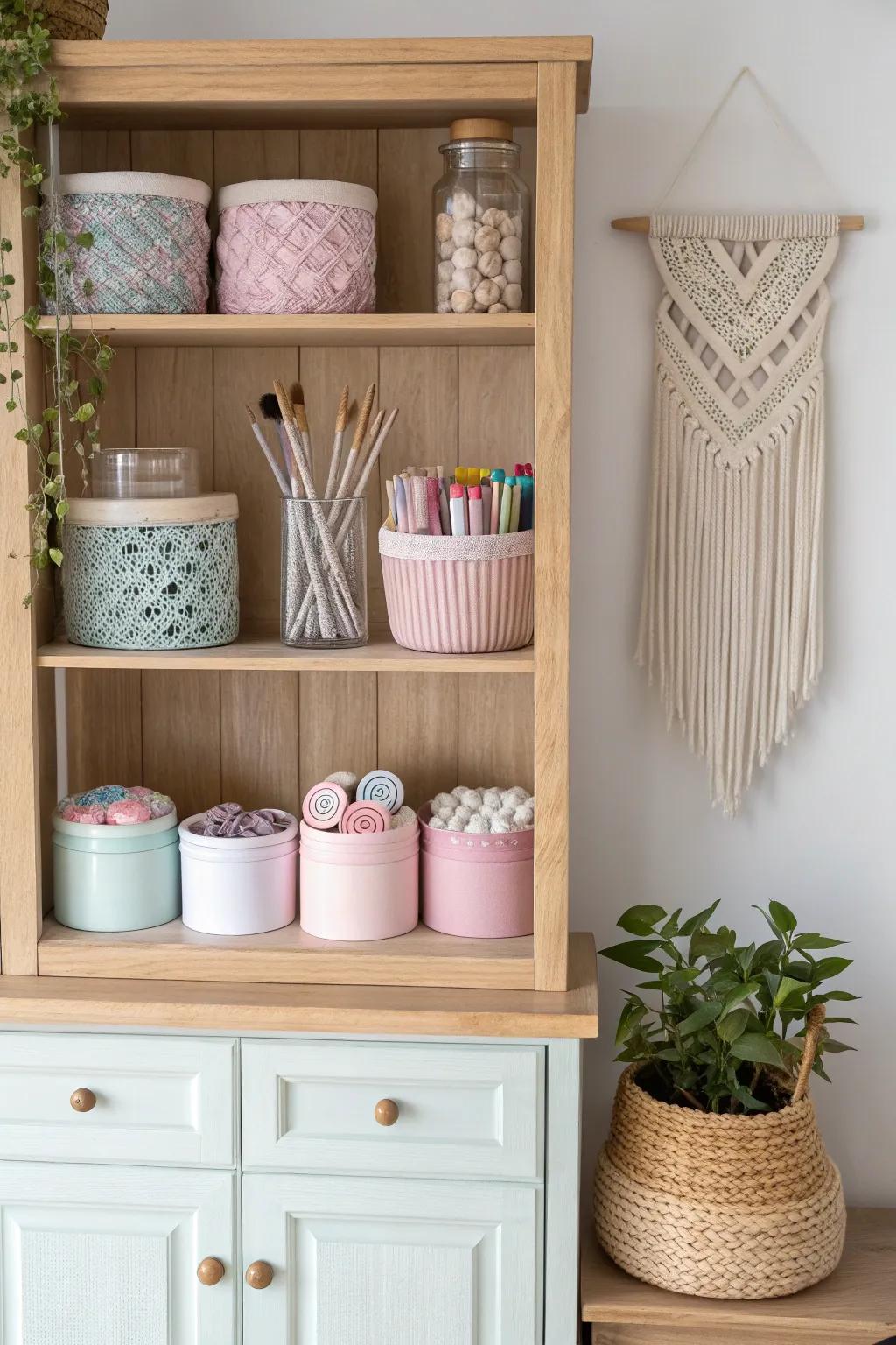 Embrace simplicity and creativity with a beautifully organized craft supply hutch.