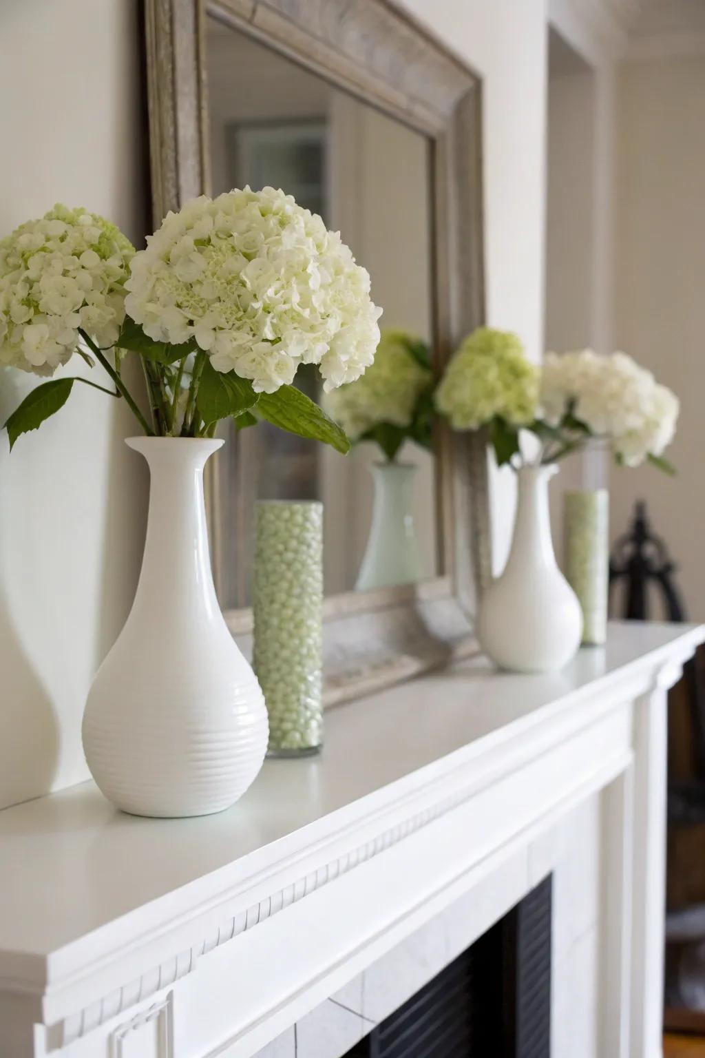 A minimalist mantelpiece featuring hydrangea blooms in perfect symmetry.