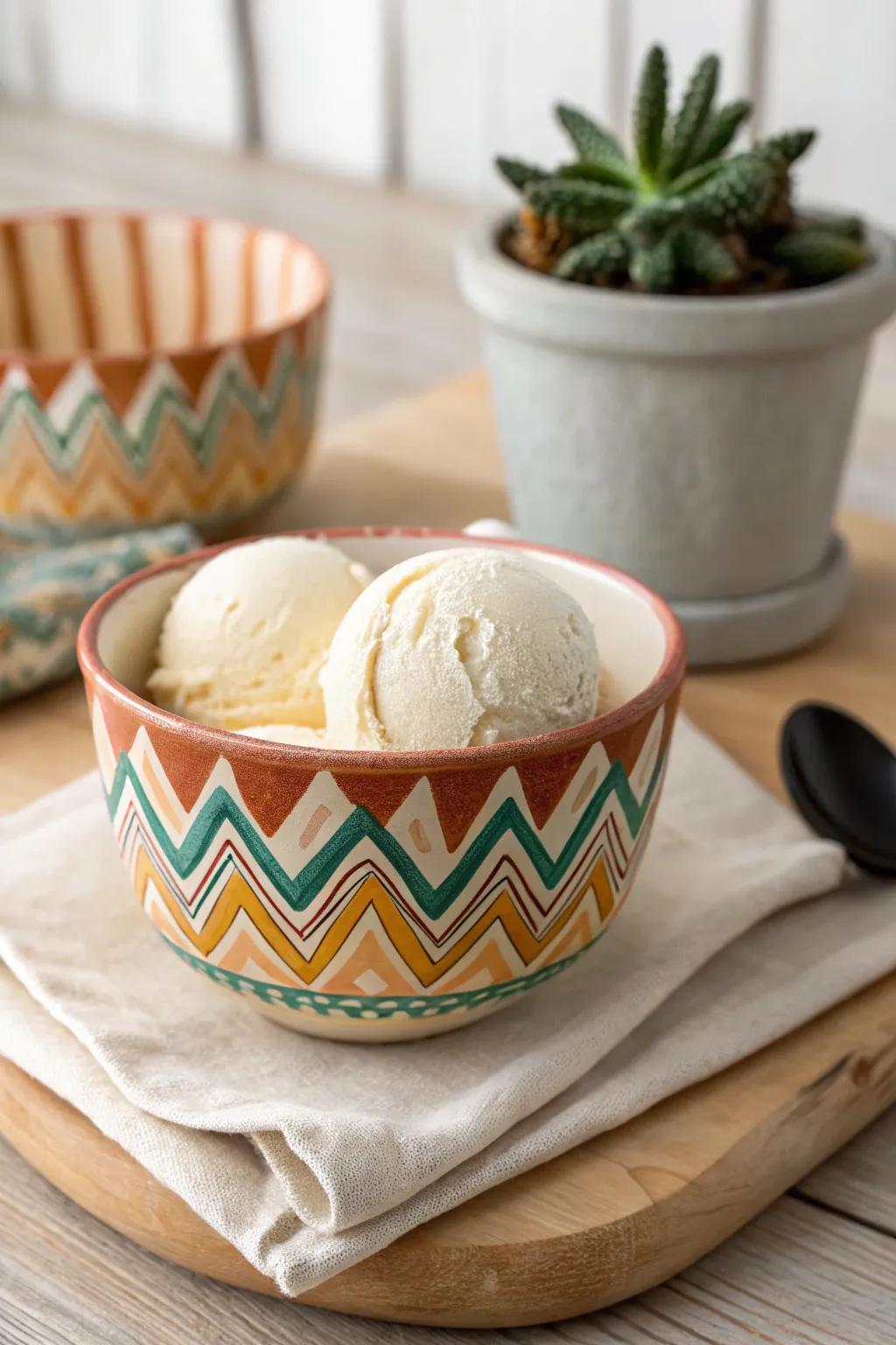 Add a burst of energy to your table with this vibrant zigzag ice cream bowl—where minimalism meets a dash of boho flair.