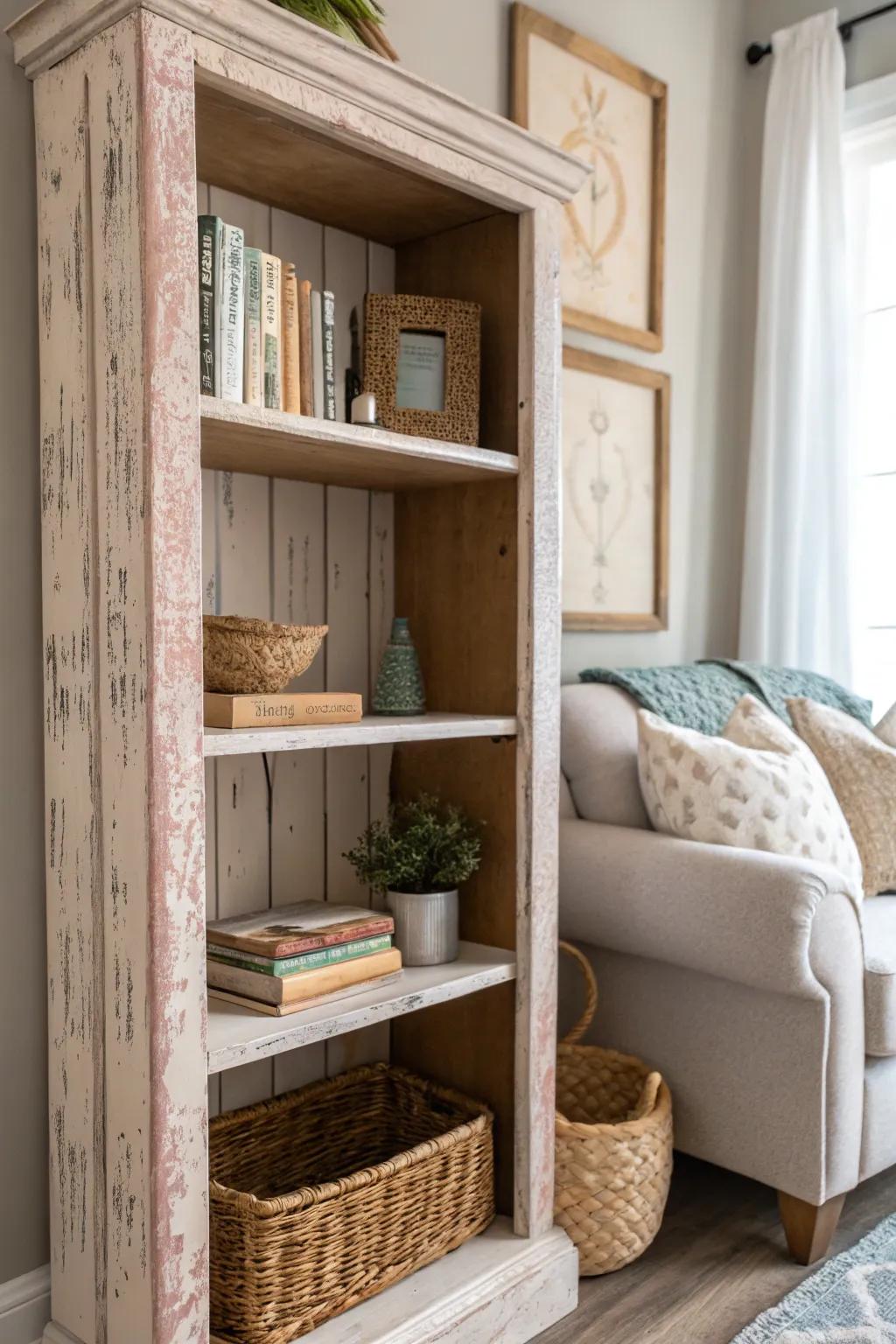 Embrace the charm of rustic distress for your built-in bookshelves – where vintage allure meets modern minimalism.