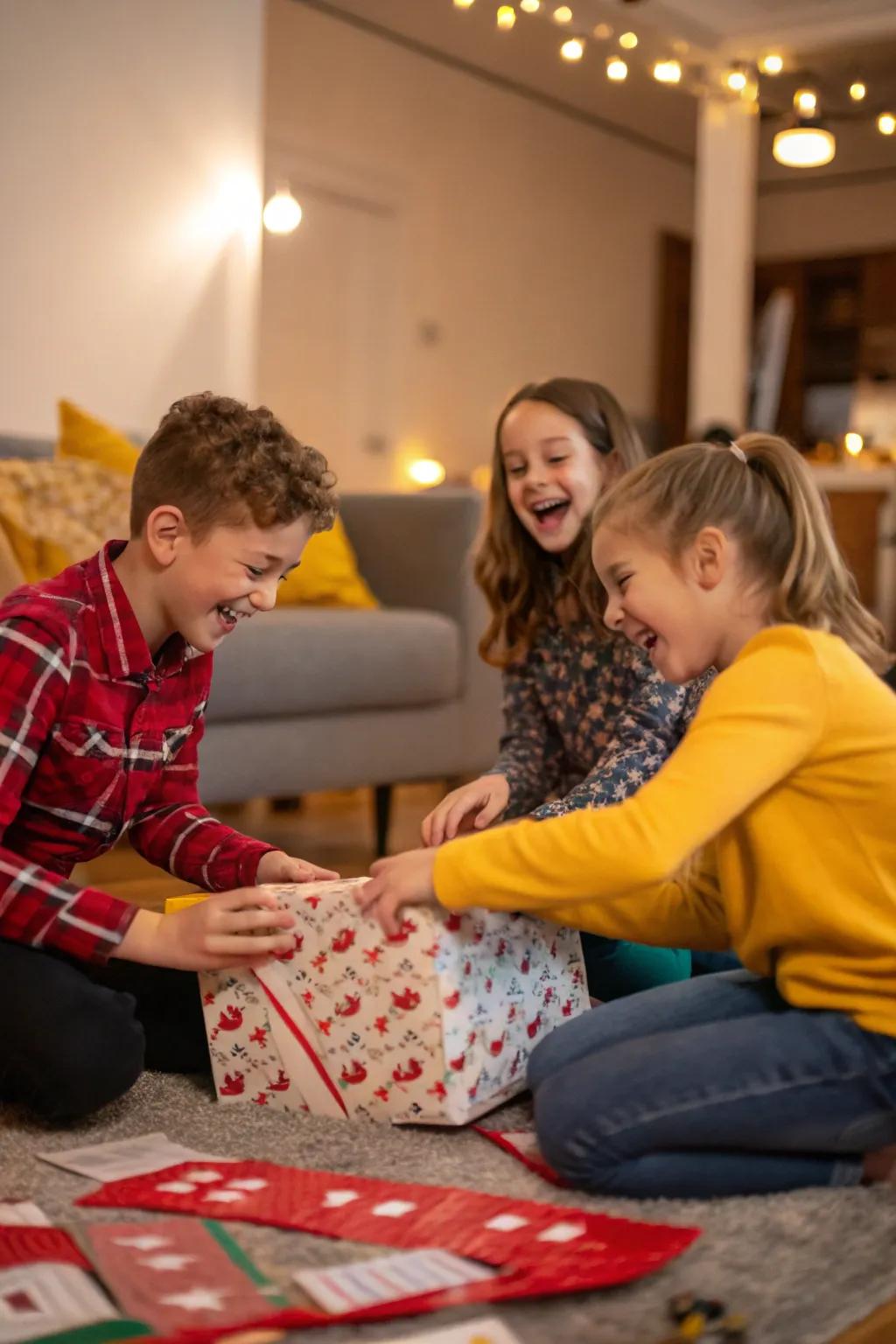 Kids enjoying the suspense of a musical gift wrap game.
