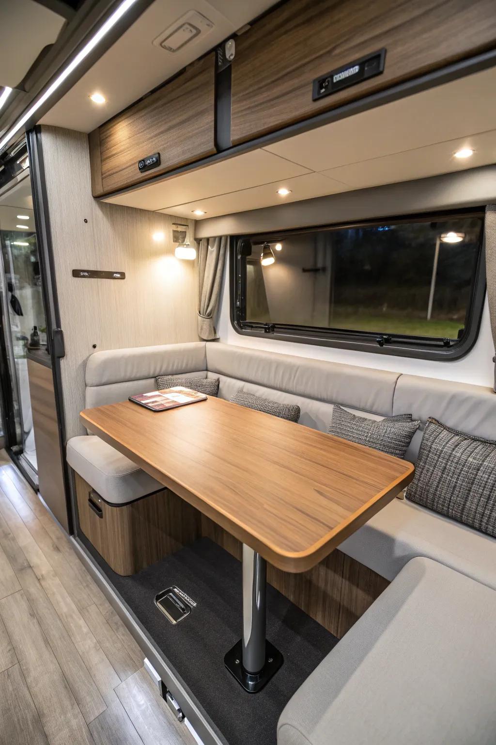 Space-saving style: Discover the elegance of hidden dining tables in camper vans.