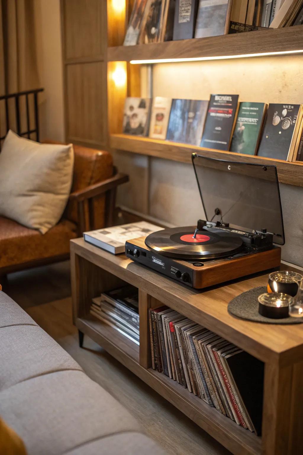 A vintage record player serves as both a decor piece and a functional music source.
