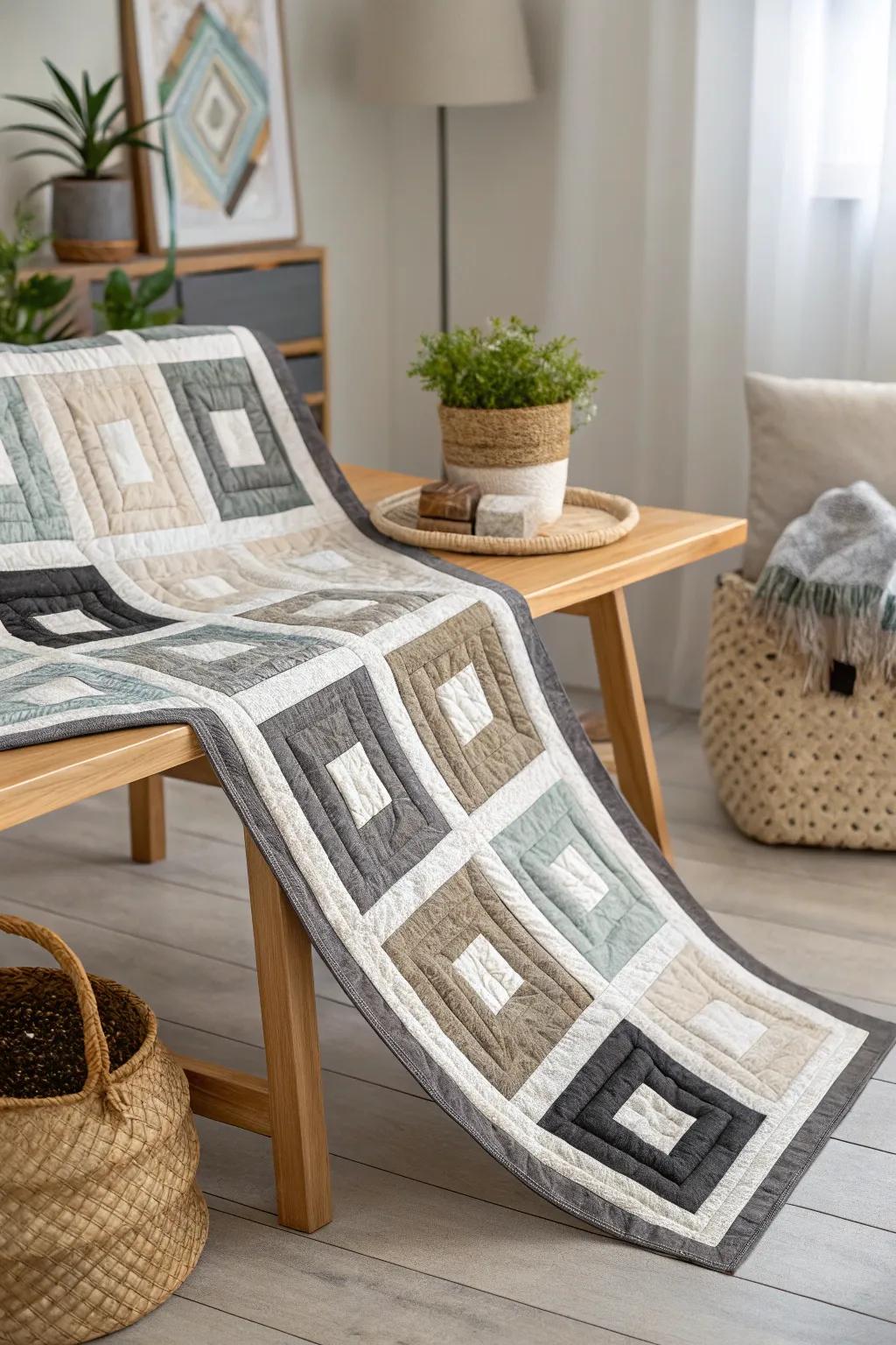 Elevate your space with the captivating charm of floating squares in this jelly roll quilt masterpiece.
