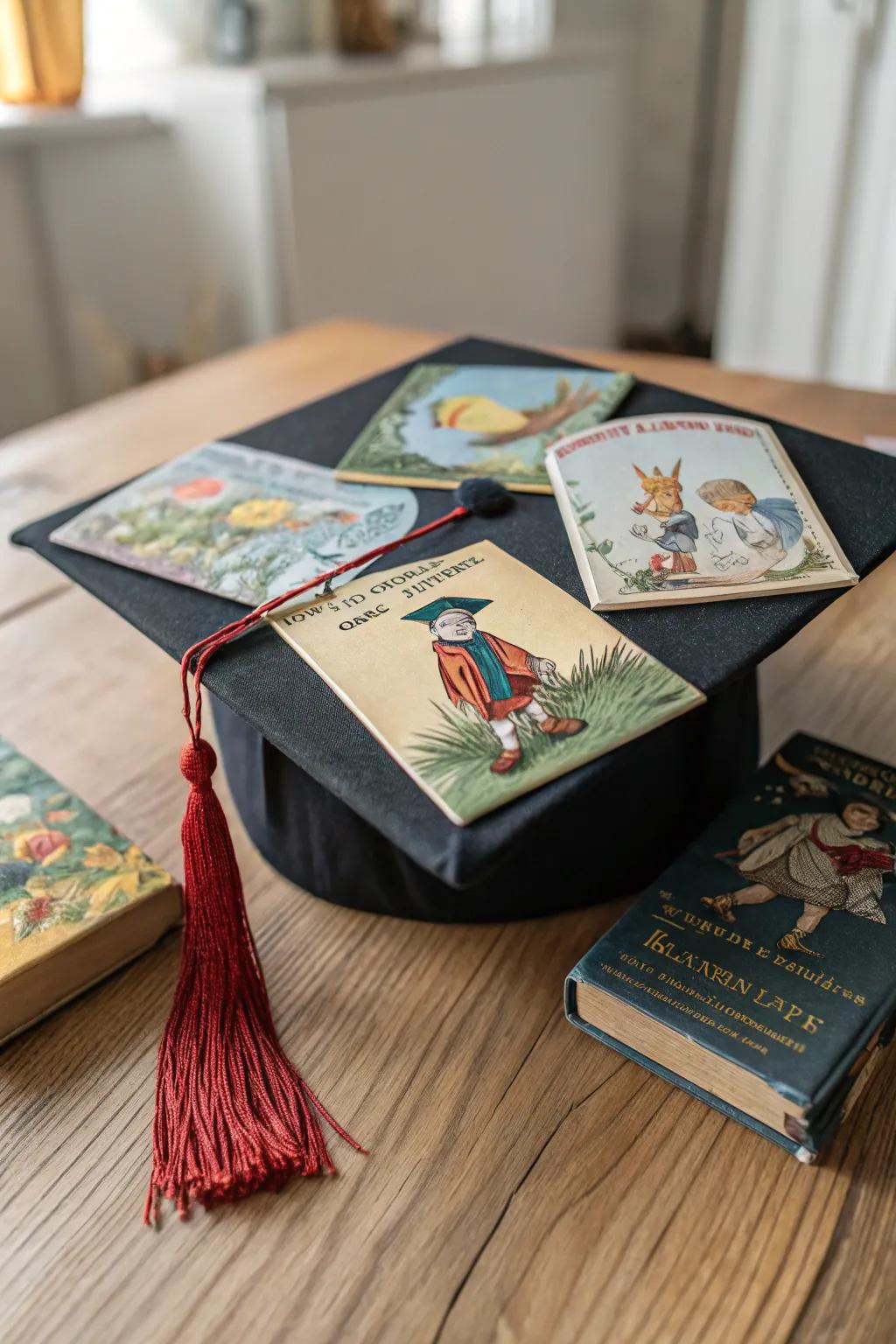 A whimsical graduation cap for little bookworms, turning their dreams into a wearable library!