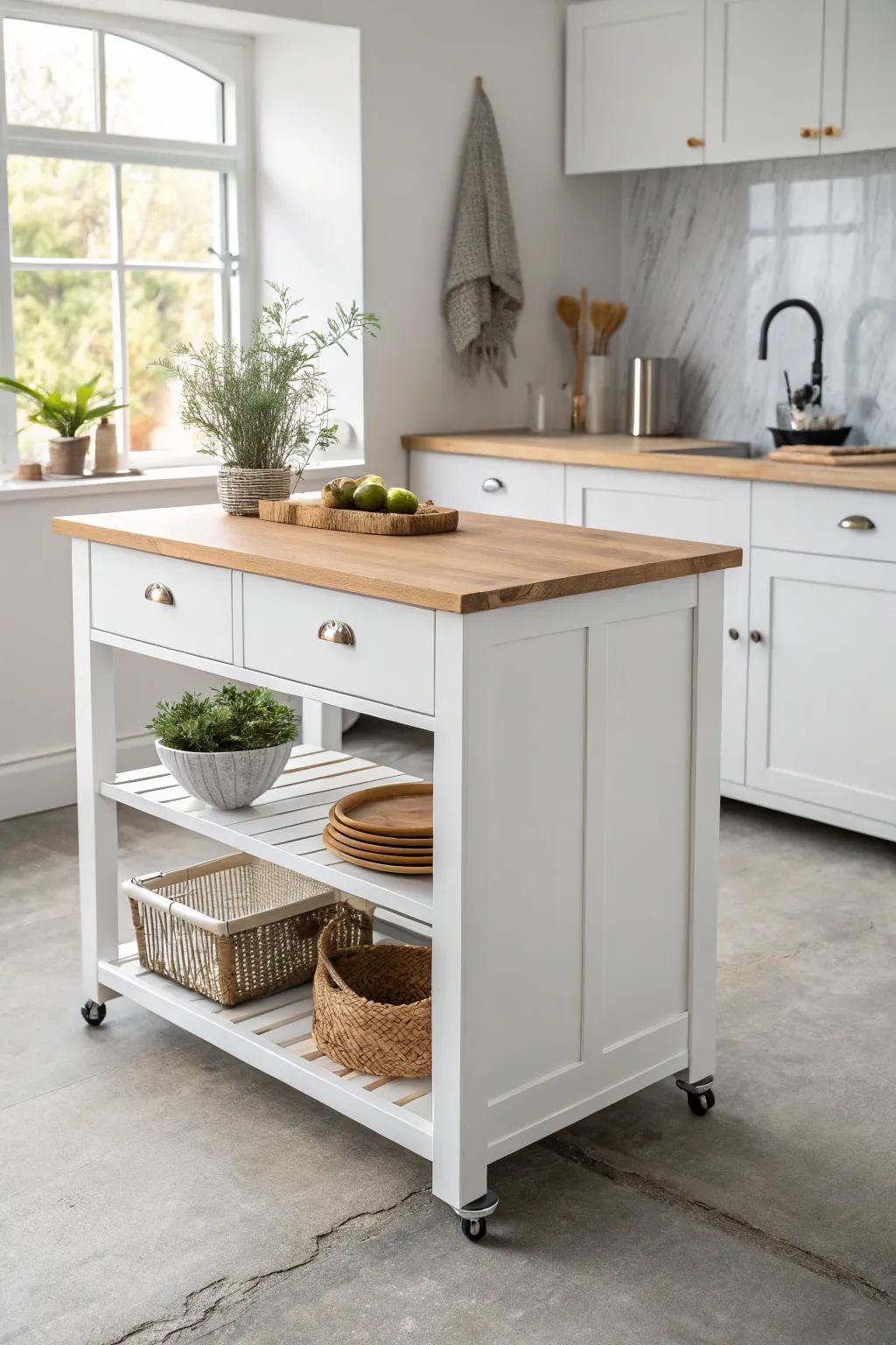 Transform your kitchen with a chic DIY rolling island—where elegance meets functionality.