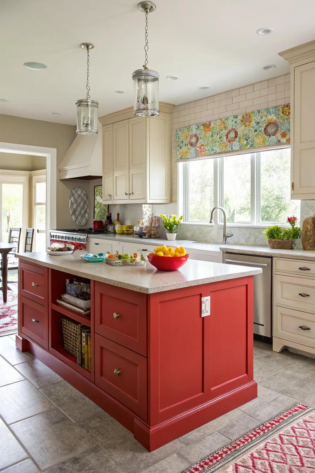 A bright red kitchen island stands out as a bold centerpiece in this vibrant kitchen.