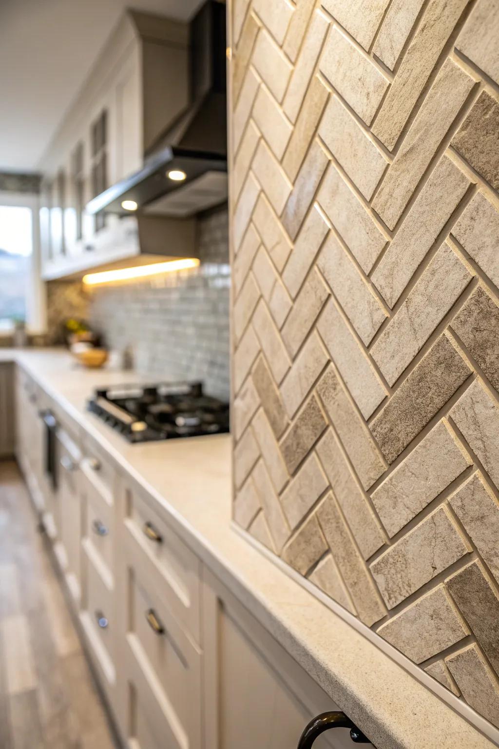 Herringbone pattern tiles add sophistication and movement to this kitchen.