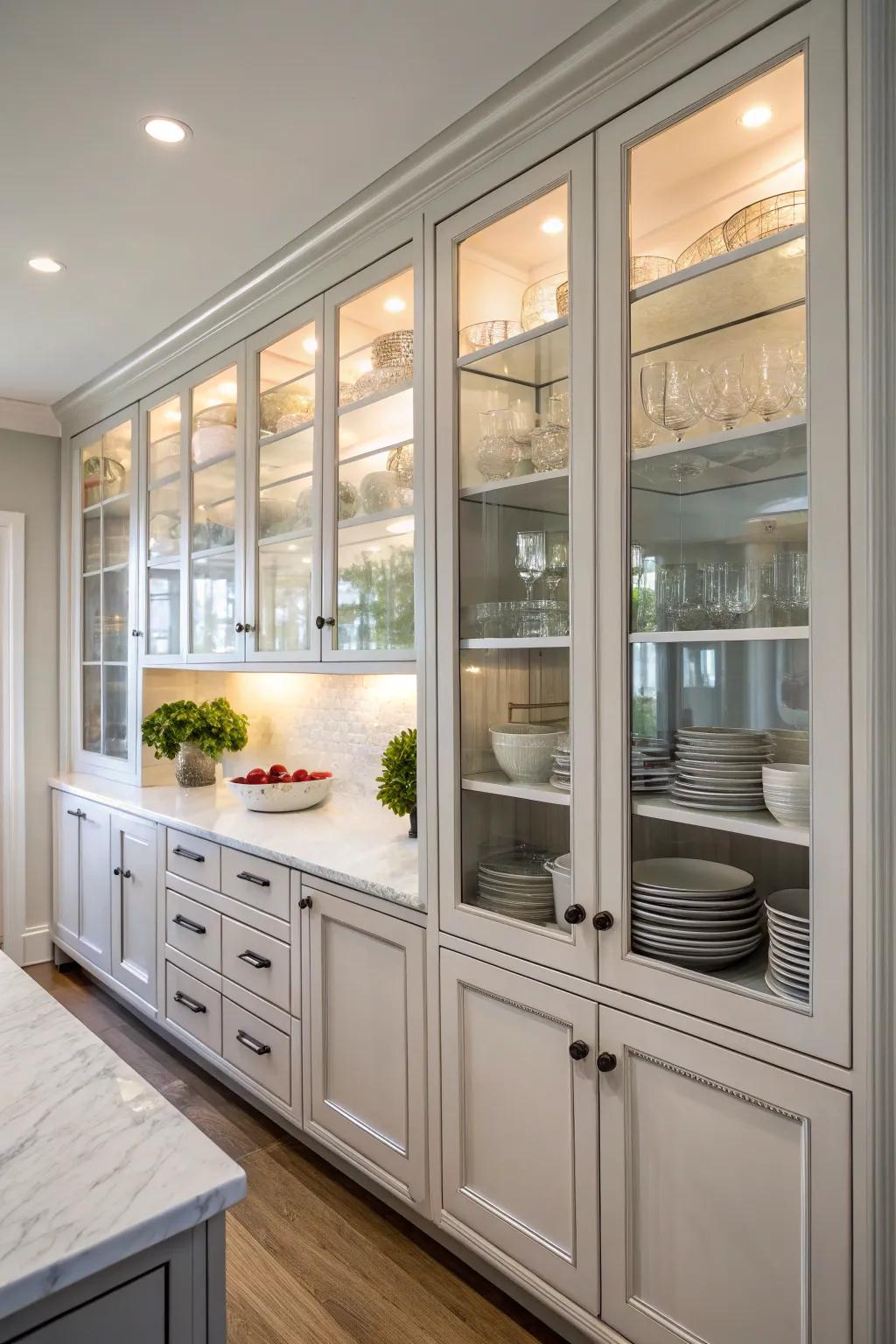 Glass elements enhance openness in a windowless kitchen.