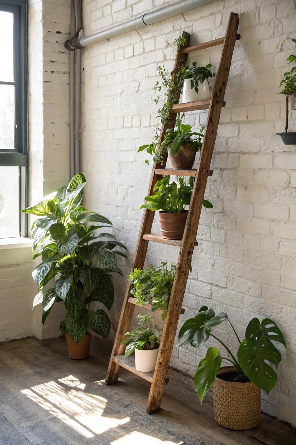 Transform your space with a rustic ladder plant stand, blending functionality with natural beauty.