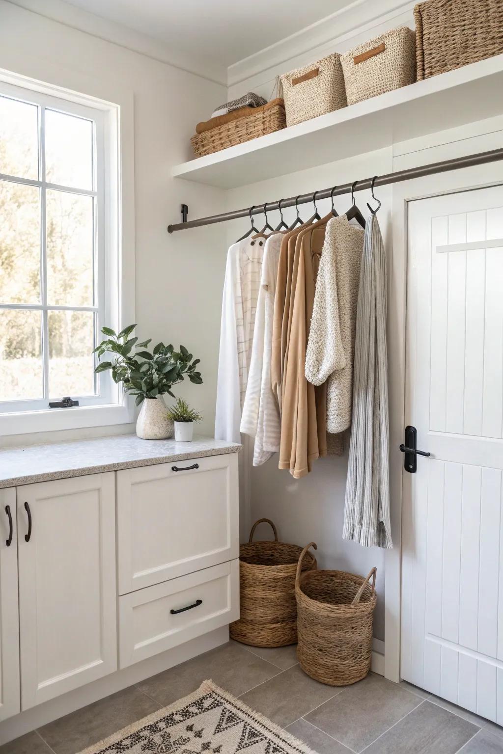 Elevate your laundry space with a stylish tension rod for effortless elegance and functionality.