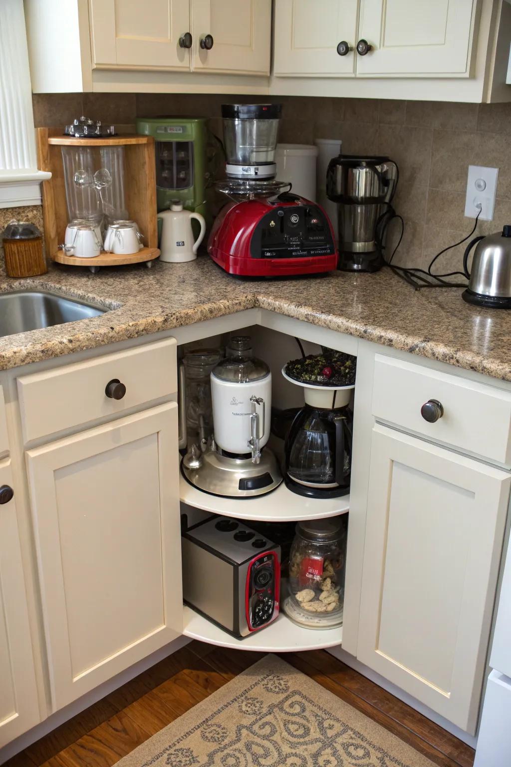 An organized kitchen cabinet with a lazy susan for easy appliance access.