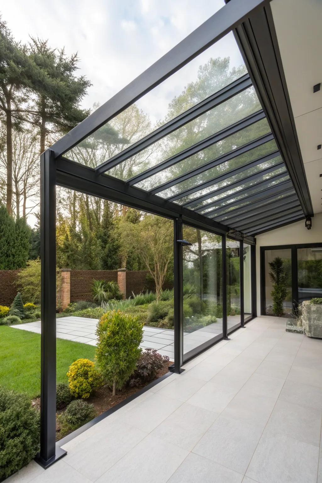 Transform your outdoor space with a minimalist metal and glass patio cover, a centerpiece of modern elegance.