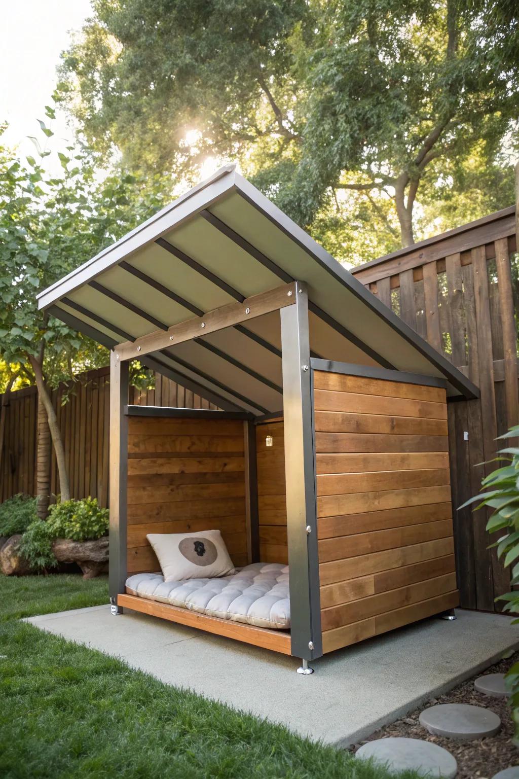 Elevate your pet's comfort with this stylish lean-to shelter, blending modern design with nature's charm.
