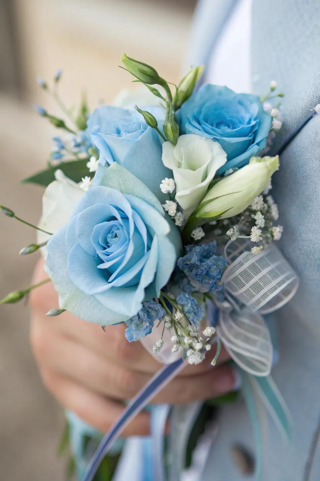 Elegant corsage featuring blue lisianthus.