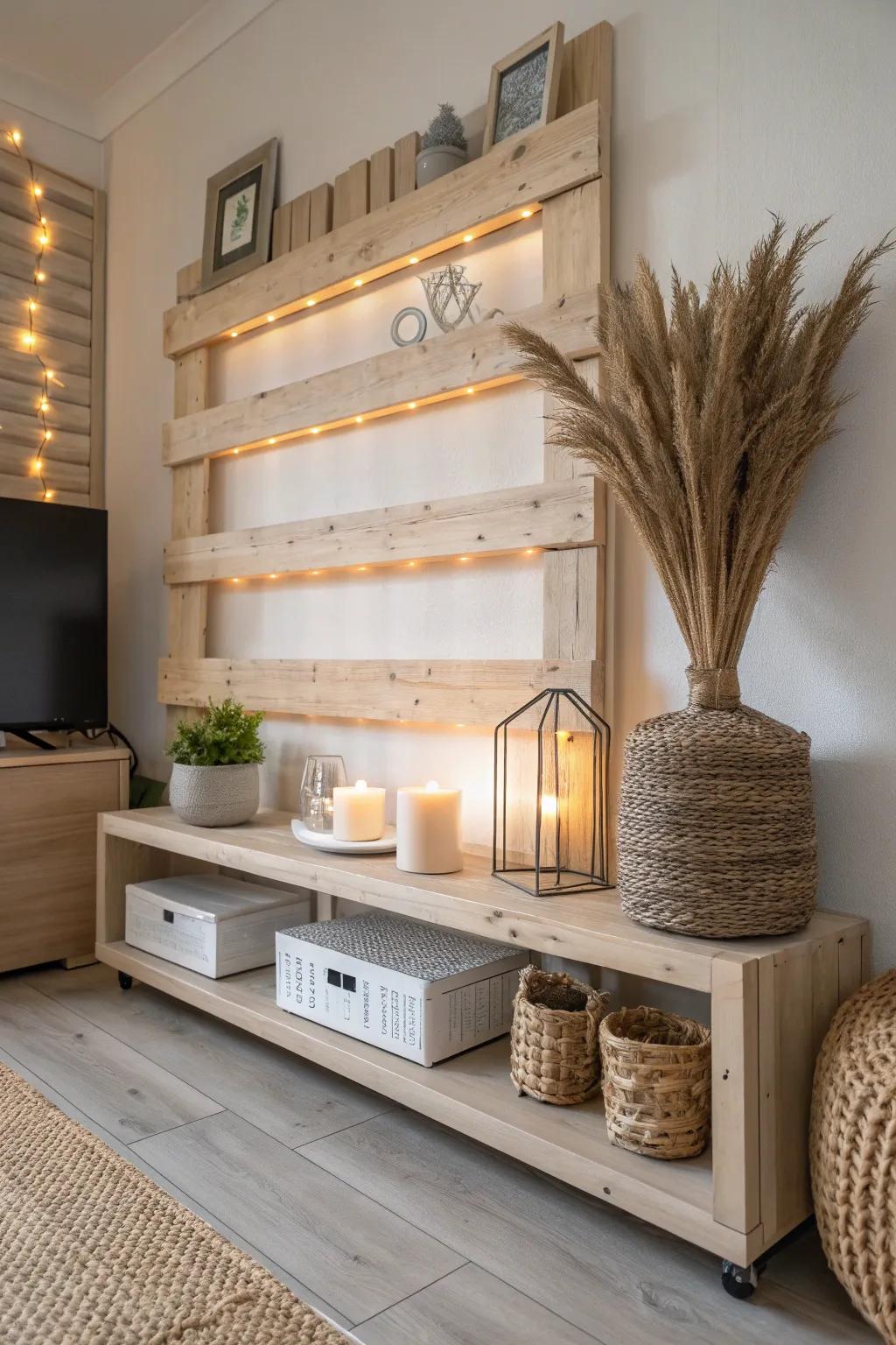 Elevate your living room with a glowing pallet wall—perfect for showcasing your favorite boho decor!