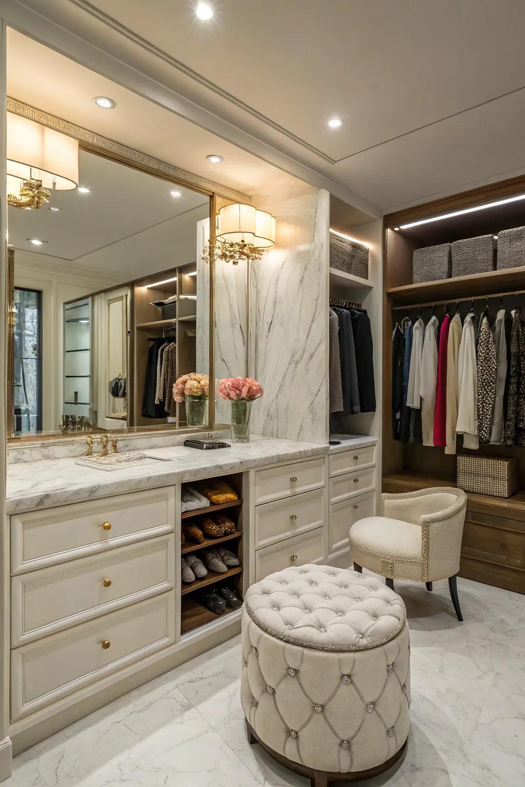 A vanity area adds a touch of glamor and functionality.