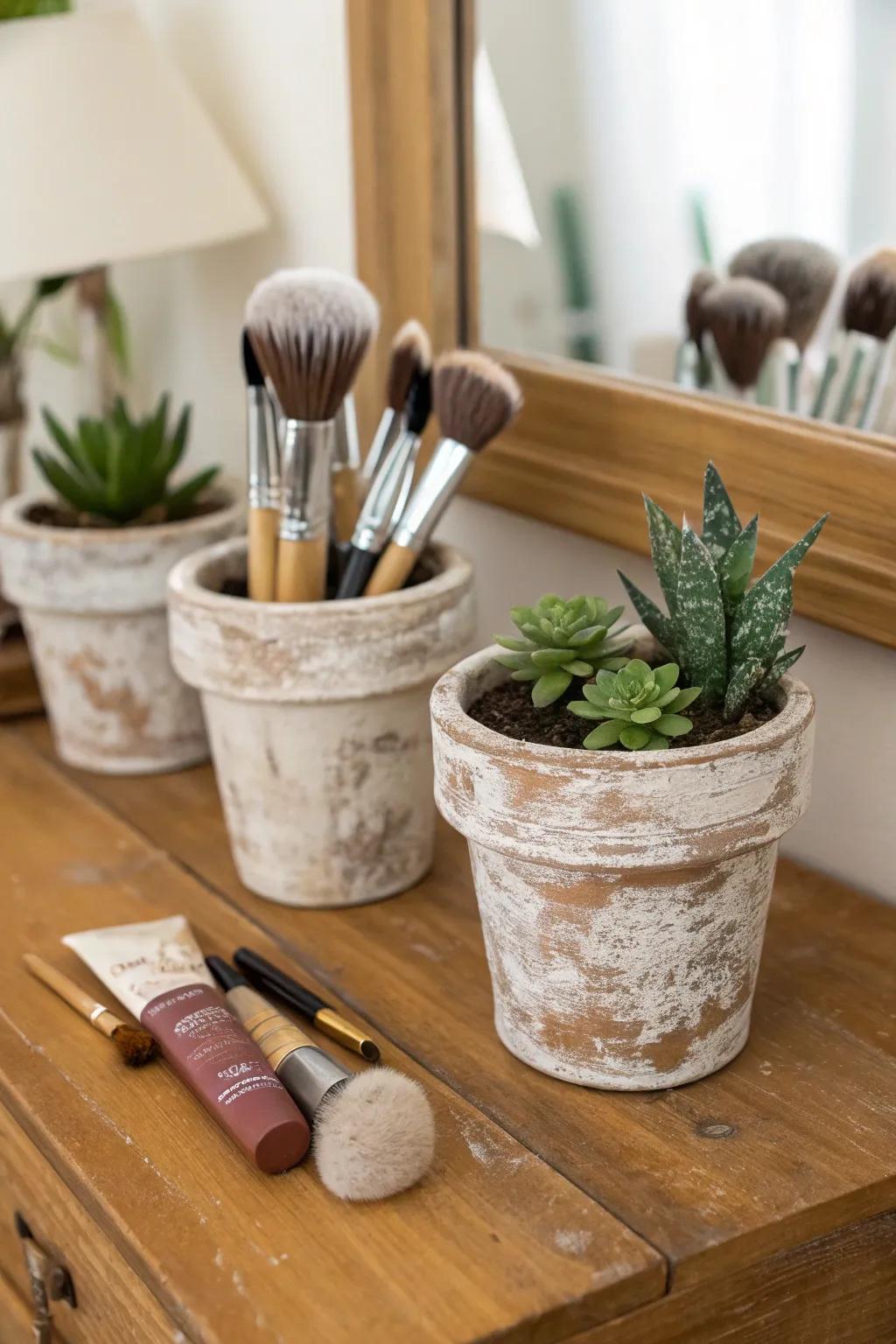 Plant pots bring a rustic charm to makeup brush storage.