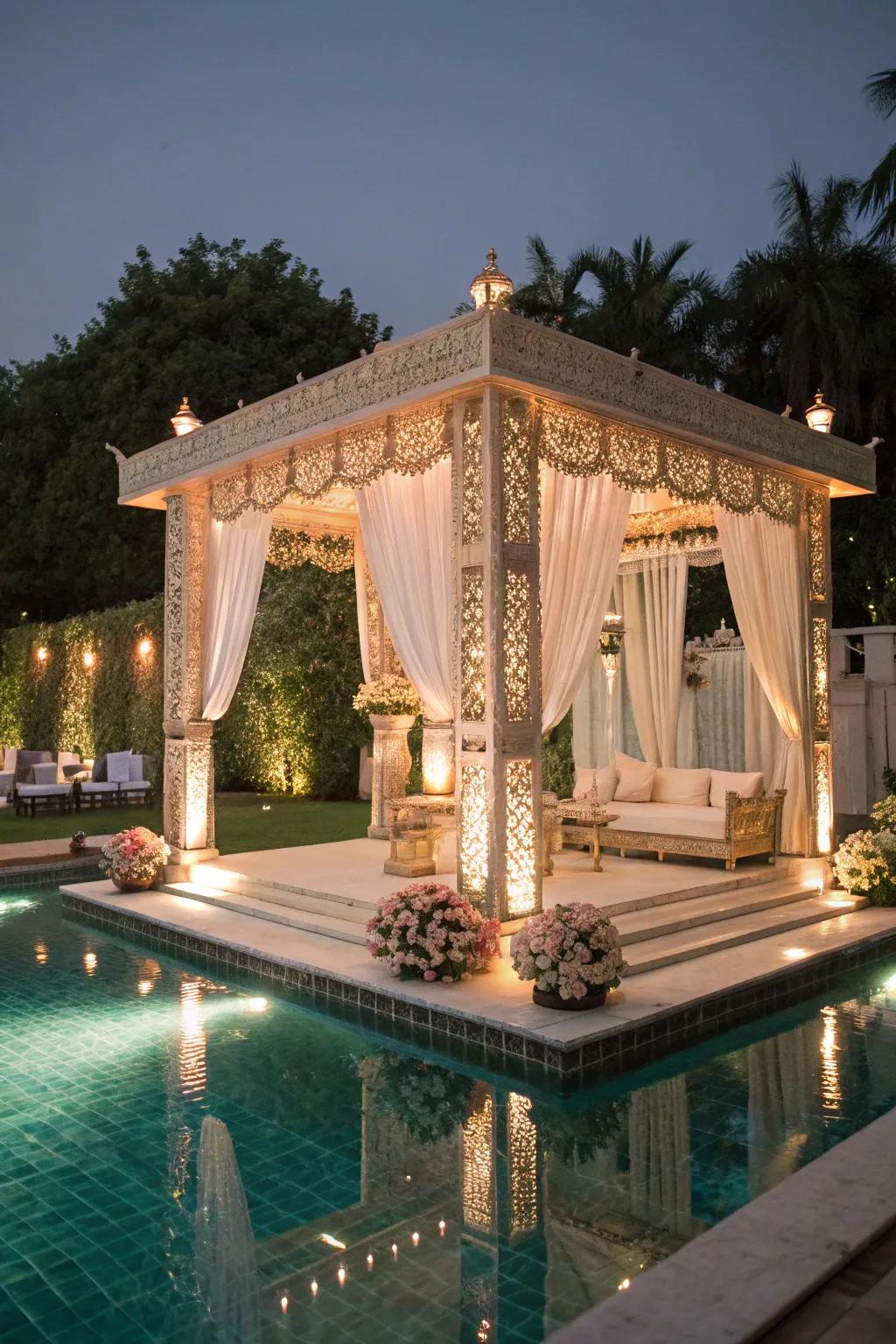 A floating mandap over water creates a breathtaking spectacle.
