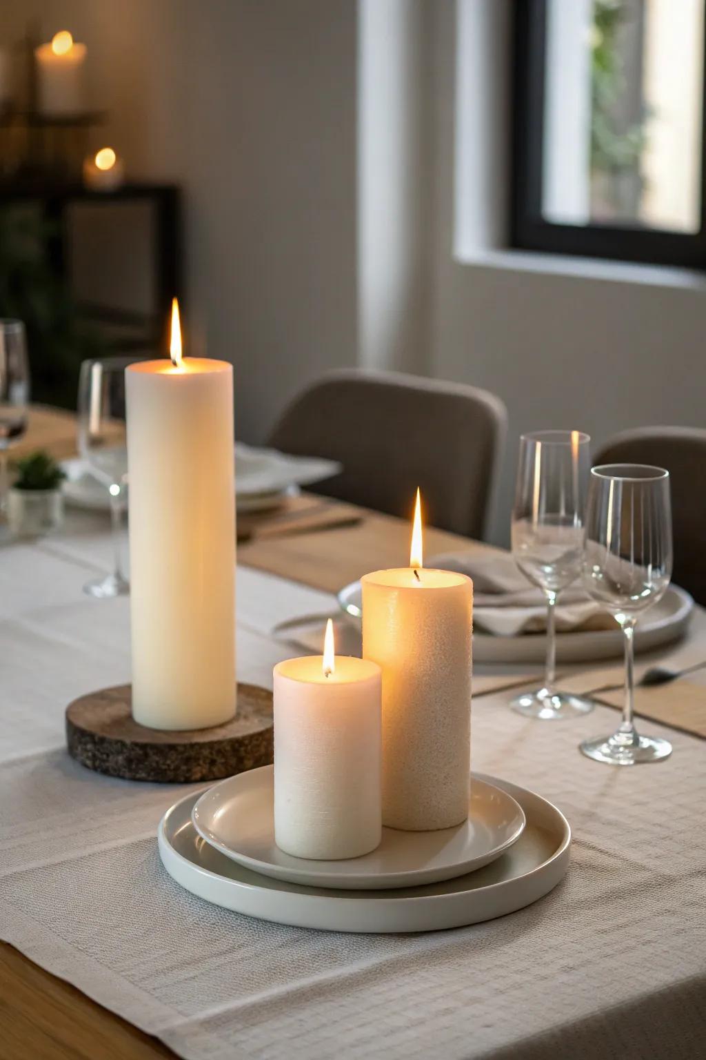 A minimalist candle grouping offers timeless elegance.