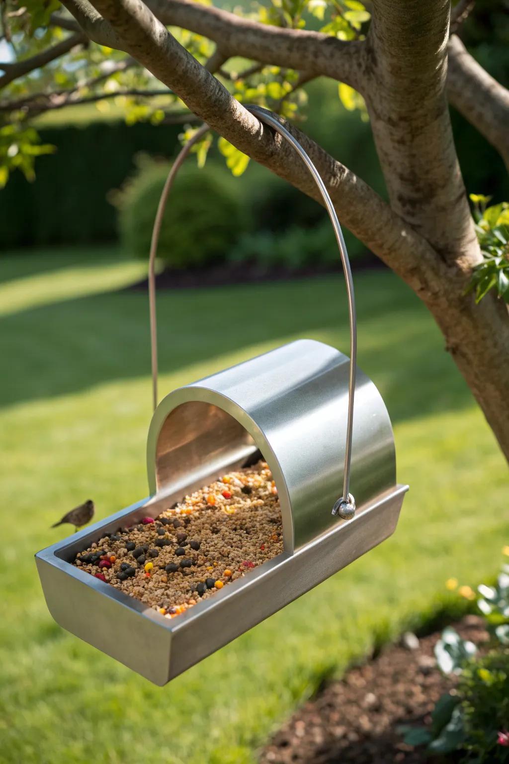 Elevate your garden with a sleek metallic bird feeder that attracts both birds and admiration.