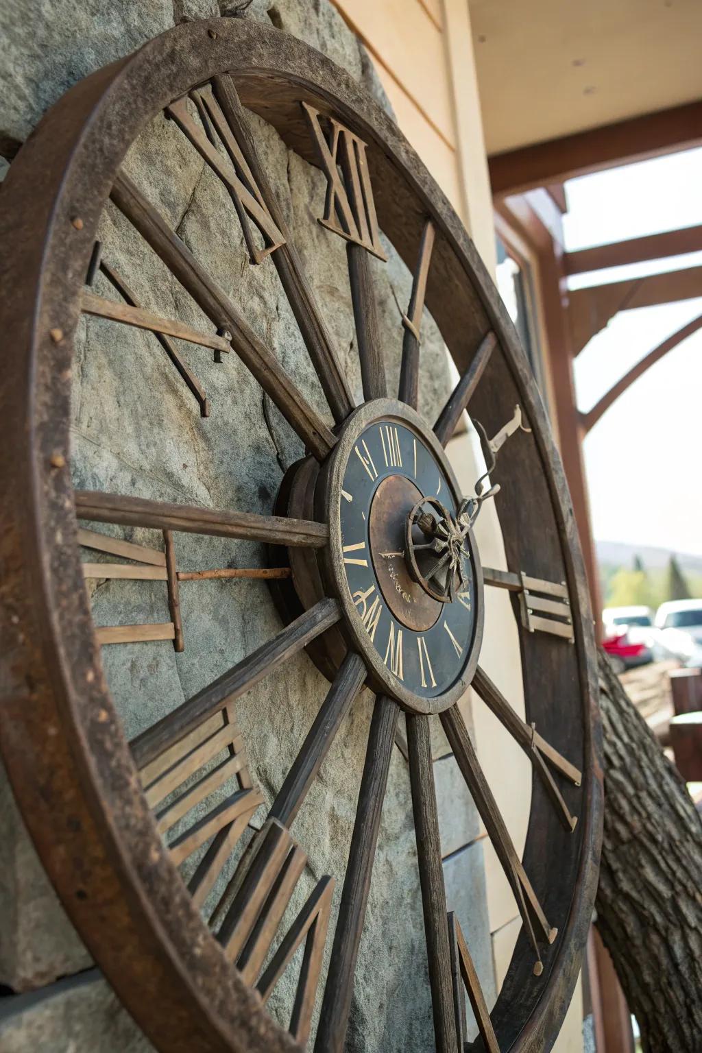 Transform history into timeless elegance with this vintage wagon wheel clock.
