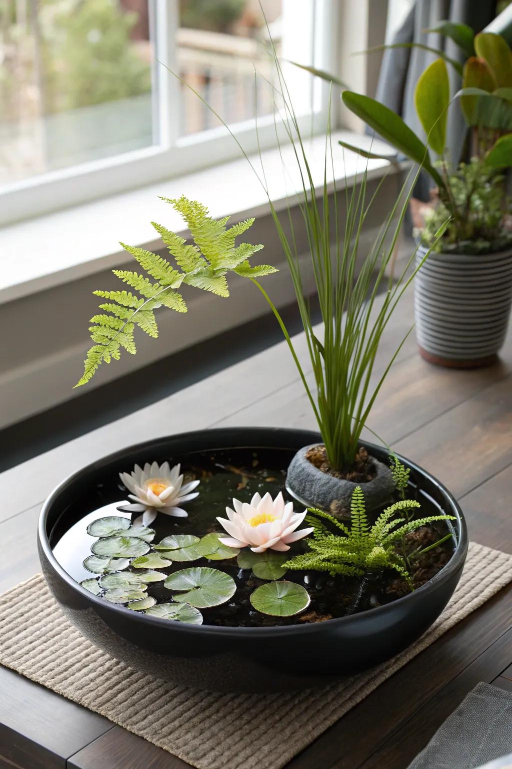 Transform your space with a touch of nature: the perfect tabletop pond for a serene indoor escape.
