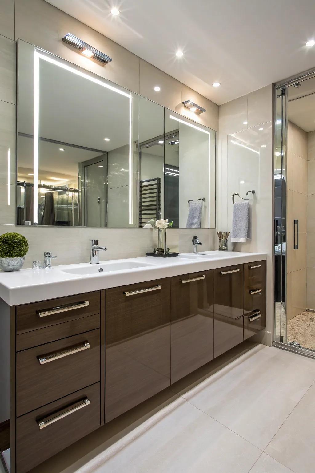 High-gloss finishes add a luxurious touch to modern bathroom cabinets.