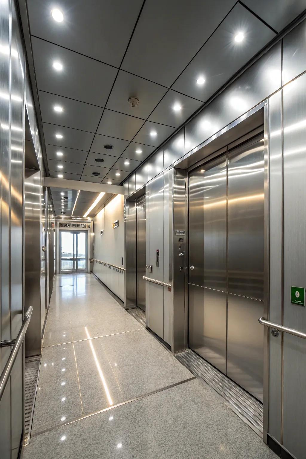 An elevator interior with recessed lighting for enhanced sleekness.