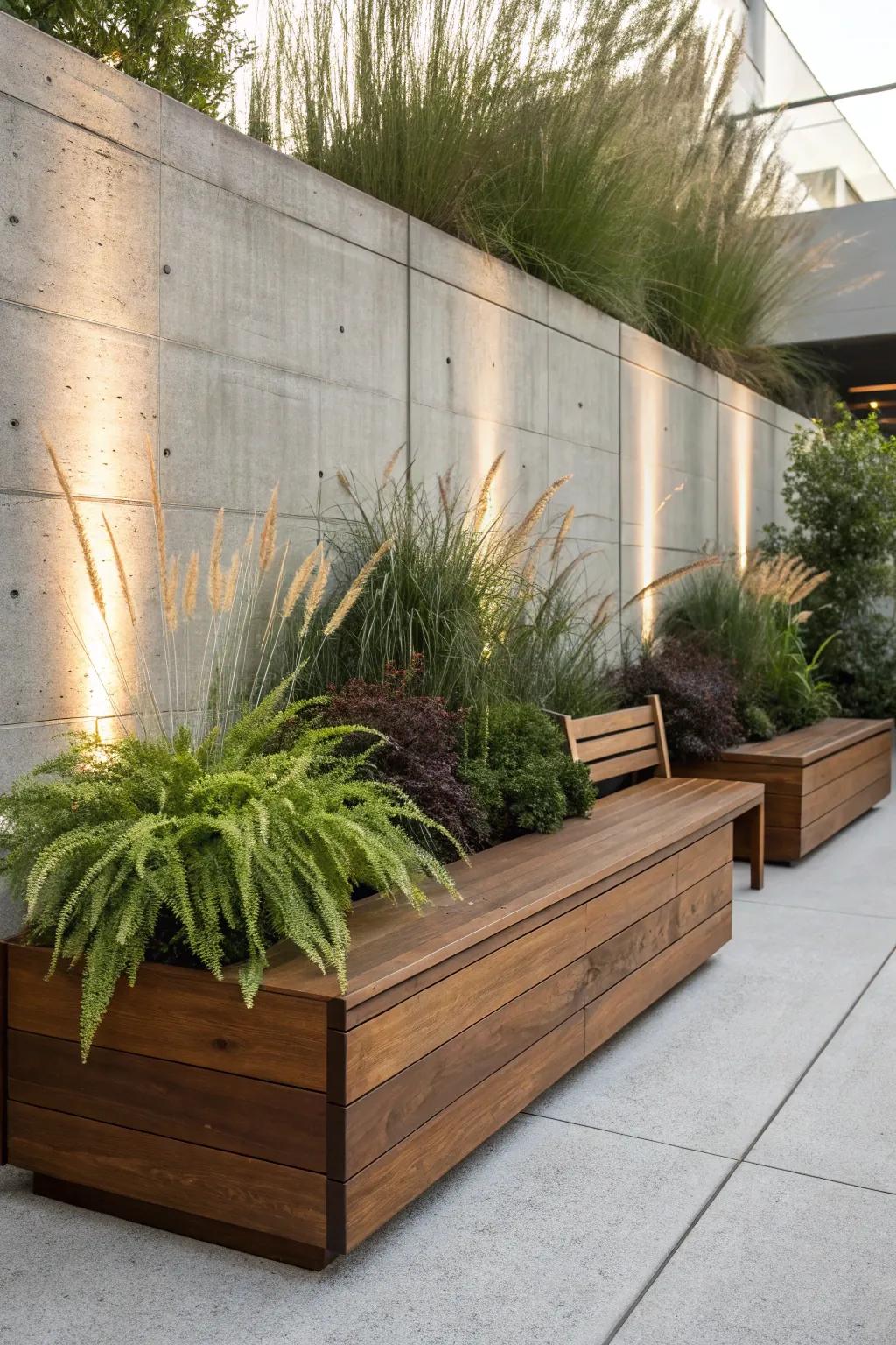 Transform your patio into a serene escape with built-in seating and lush greenery.