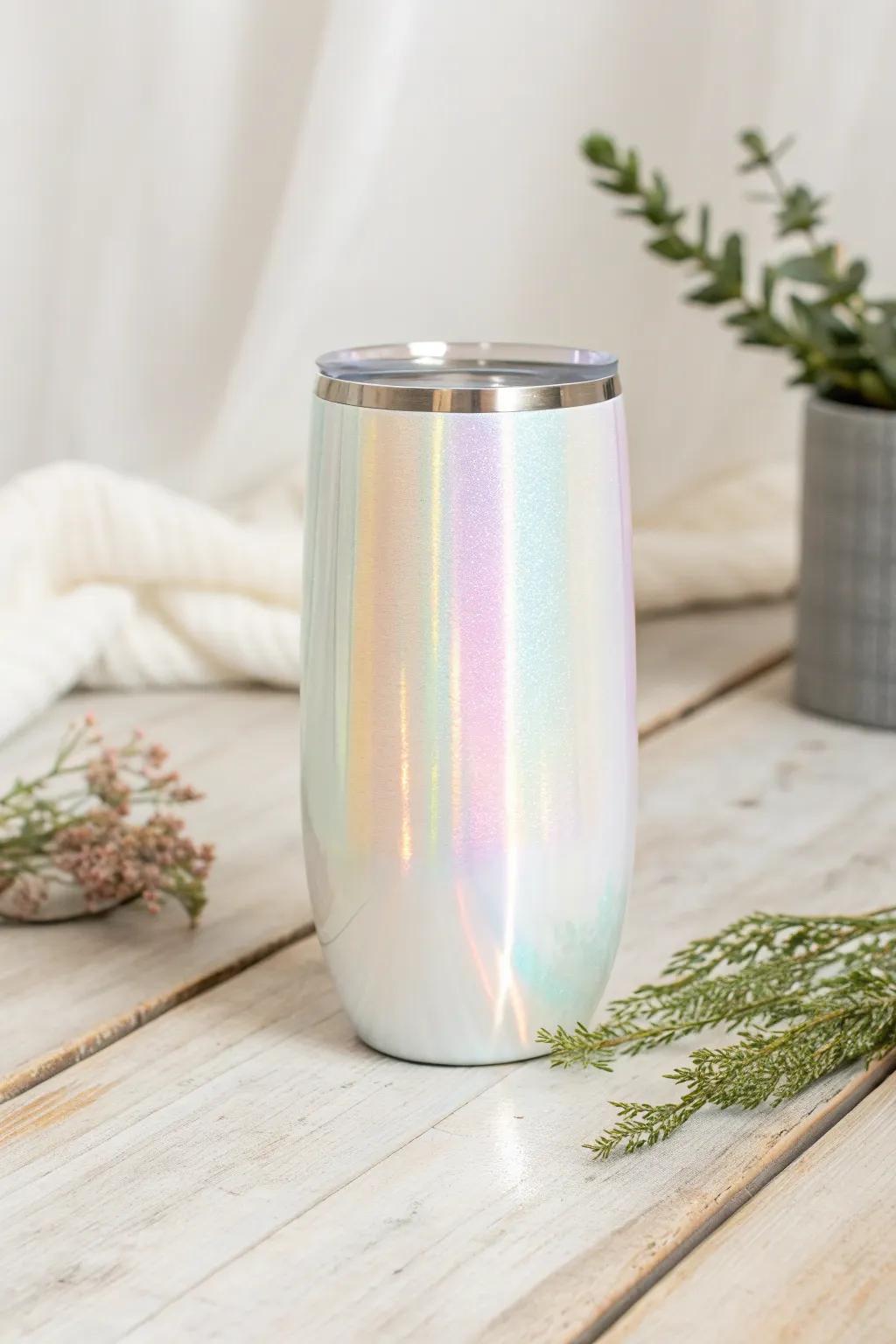 Add a touch of futuristic elegance to your day with this holographic tumbler, perfect for the stylish mom who appreciates simplicity and beauty.