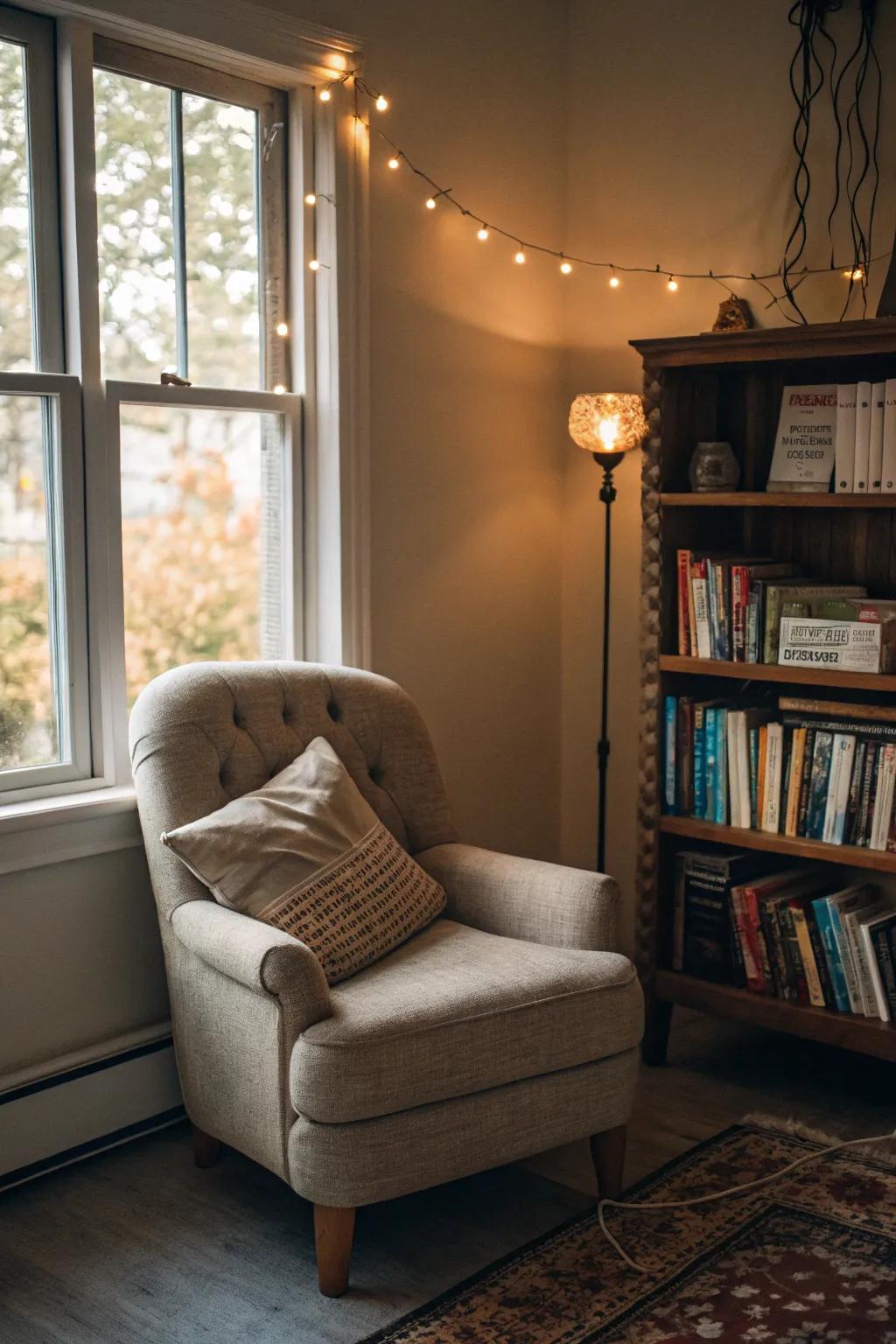 A reading nook provides a cozy escape within a room.
