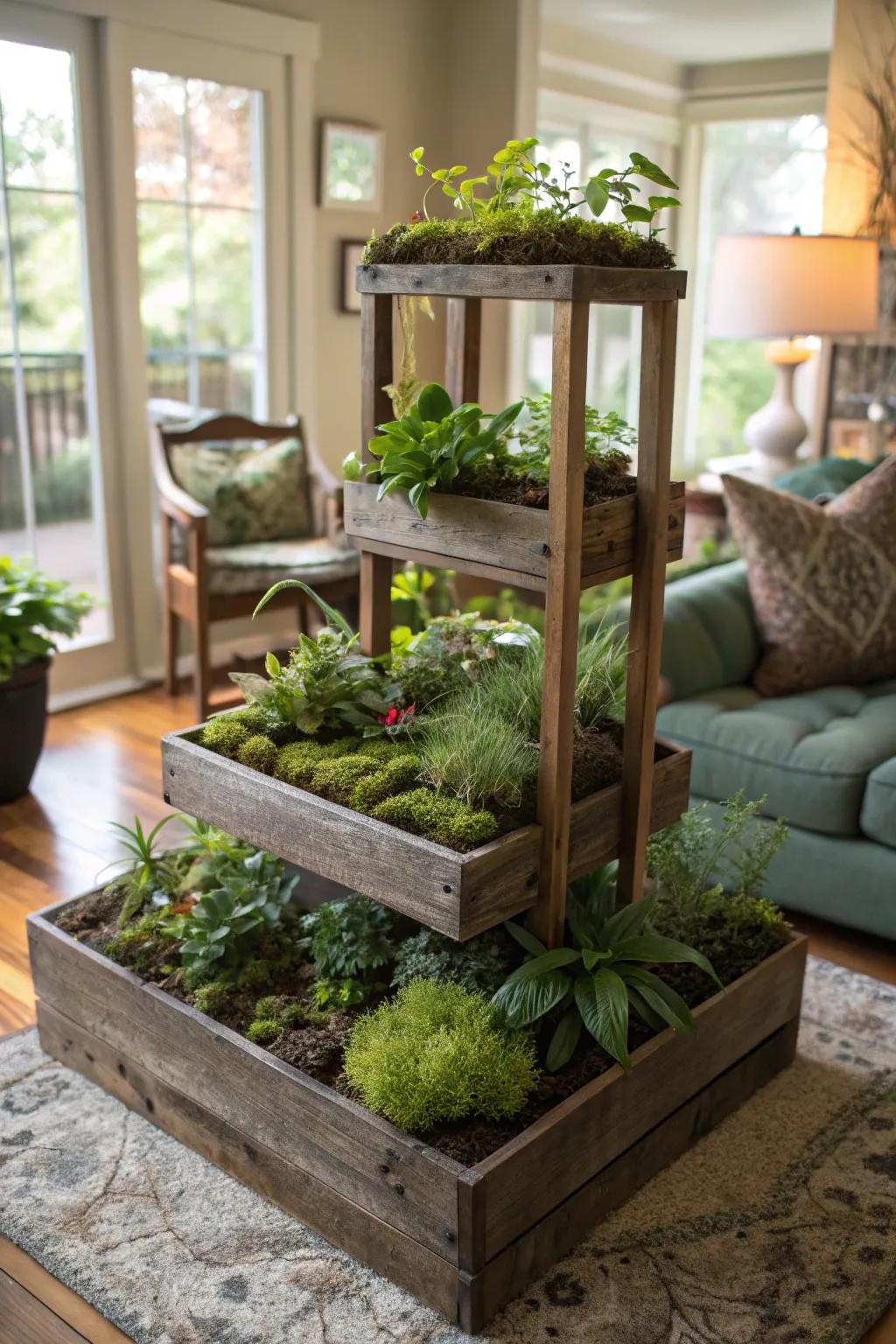 A tiered moss garden that adds depth and dimension.