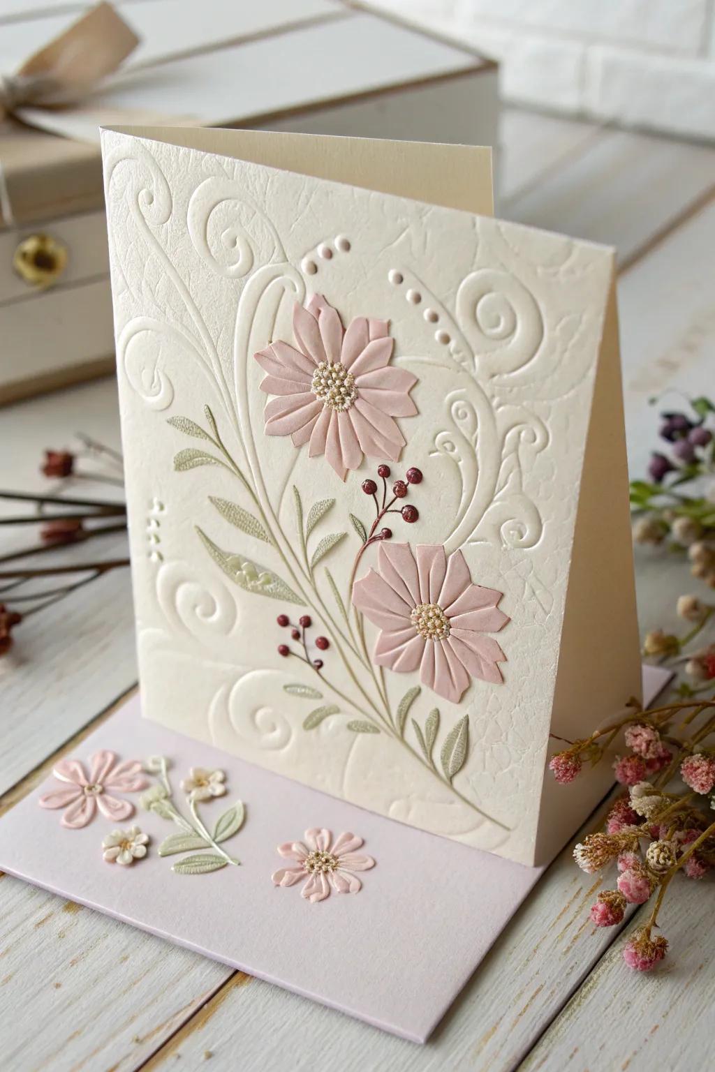 Elevate your Mother's Day greetings with this beautifully embossed card, a perfect blend of simplicity and elegance.