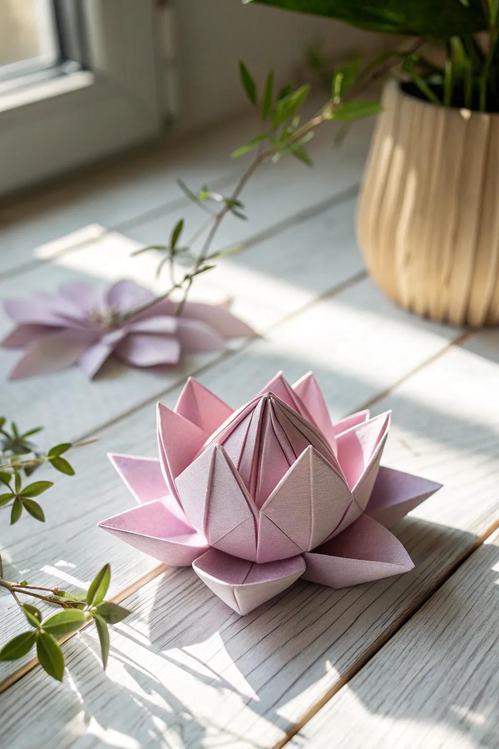 Delicate beauty crafted by little hands: an origami flower embracing simplicity and elegance.