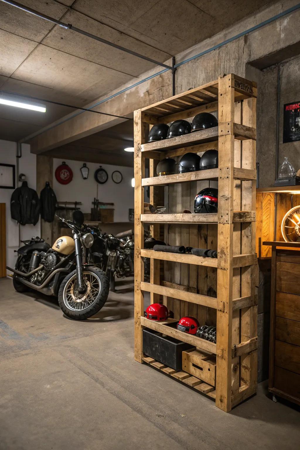 Elevate your garage game with this DIY pallet rack—where functionality meets style.