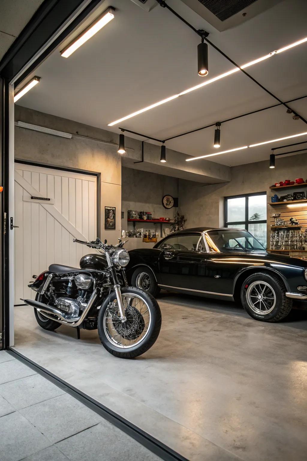 Maximize space and style with a two-in-one garage design that's perfect for your car and motorcycle.