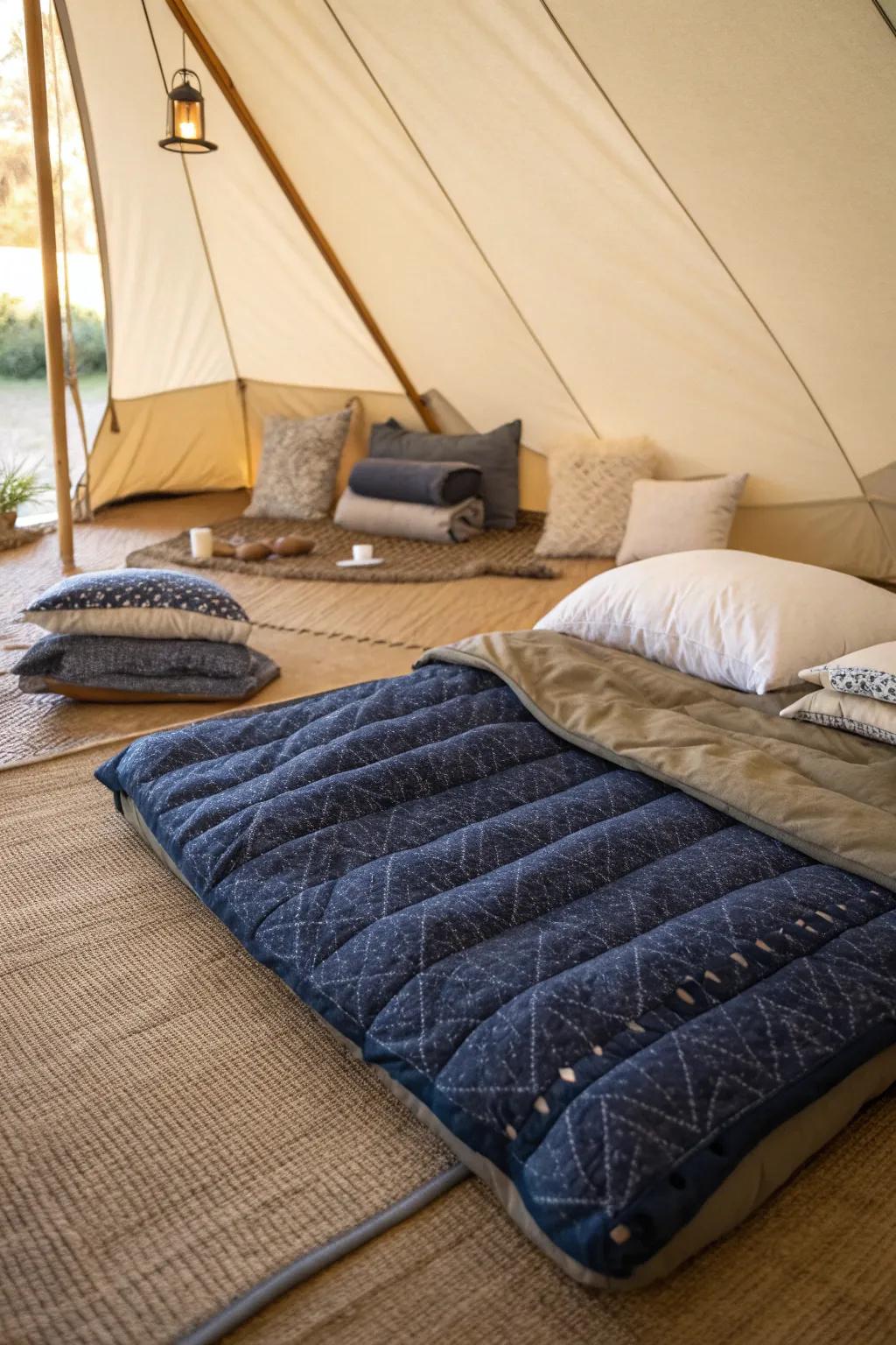 Transform your tent into a peaceful retreat with a luxurious moving blanket and soft pillows, creating the ultimate reading nook.