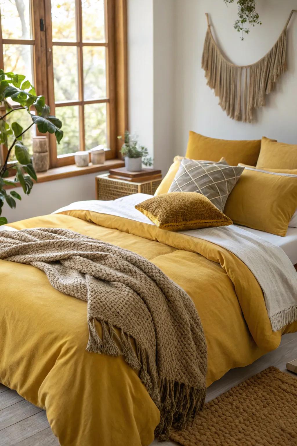 A bedroom rich in texture and warmth, featuring mustard bedding.