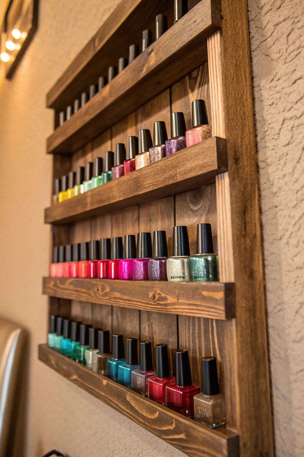 Transform your wall into a vibrant display with a DIY nail polish shelf that'll turn your collection into art.