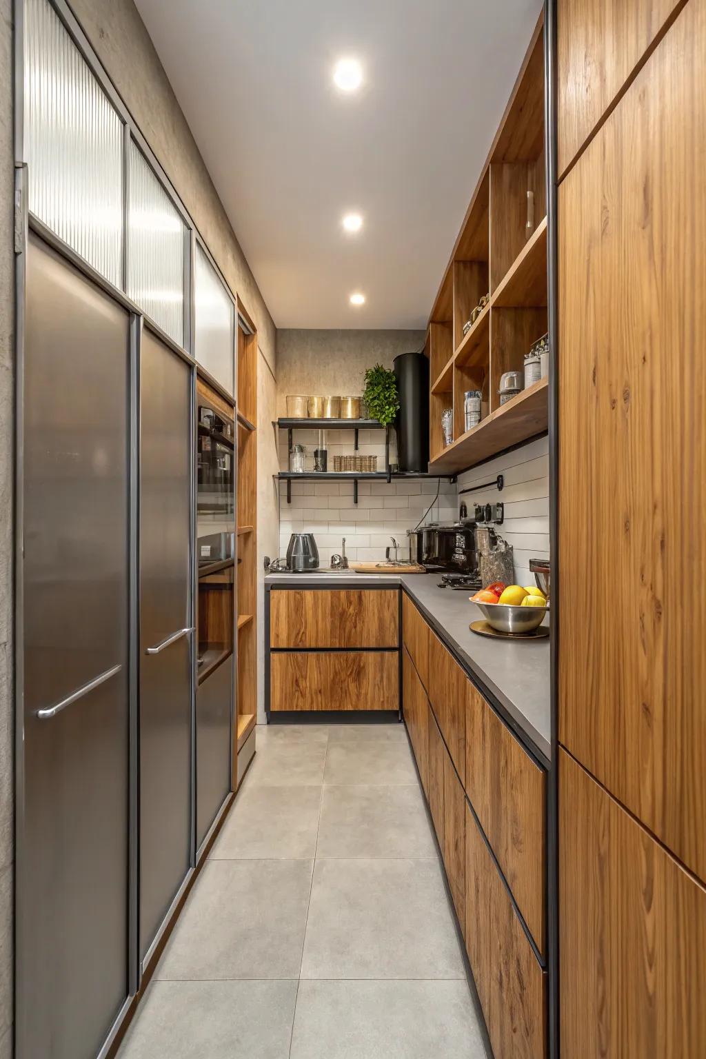 Mixed materials in narrow cabinets adding texture and interest.