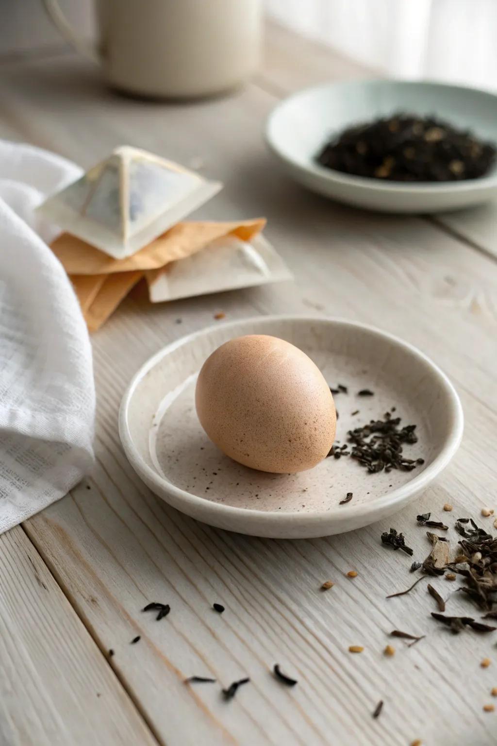Embrace the art of simplicity with a sepia-toned egg dyed in the warmth of black tea.
