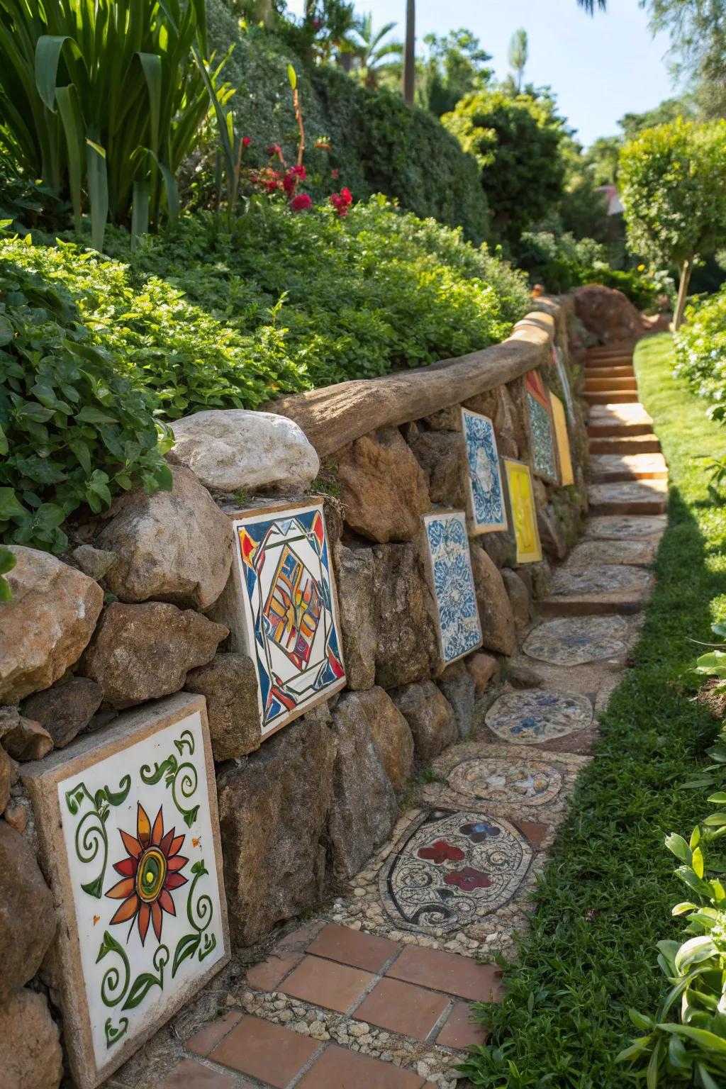 Transform your garden with a touch of artistry – a rock wall adorned with vibrant ceramic tiles.