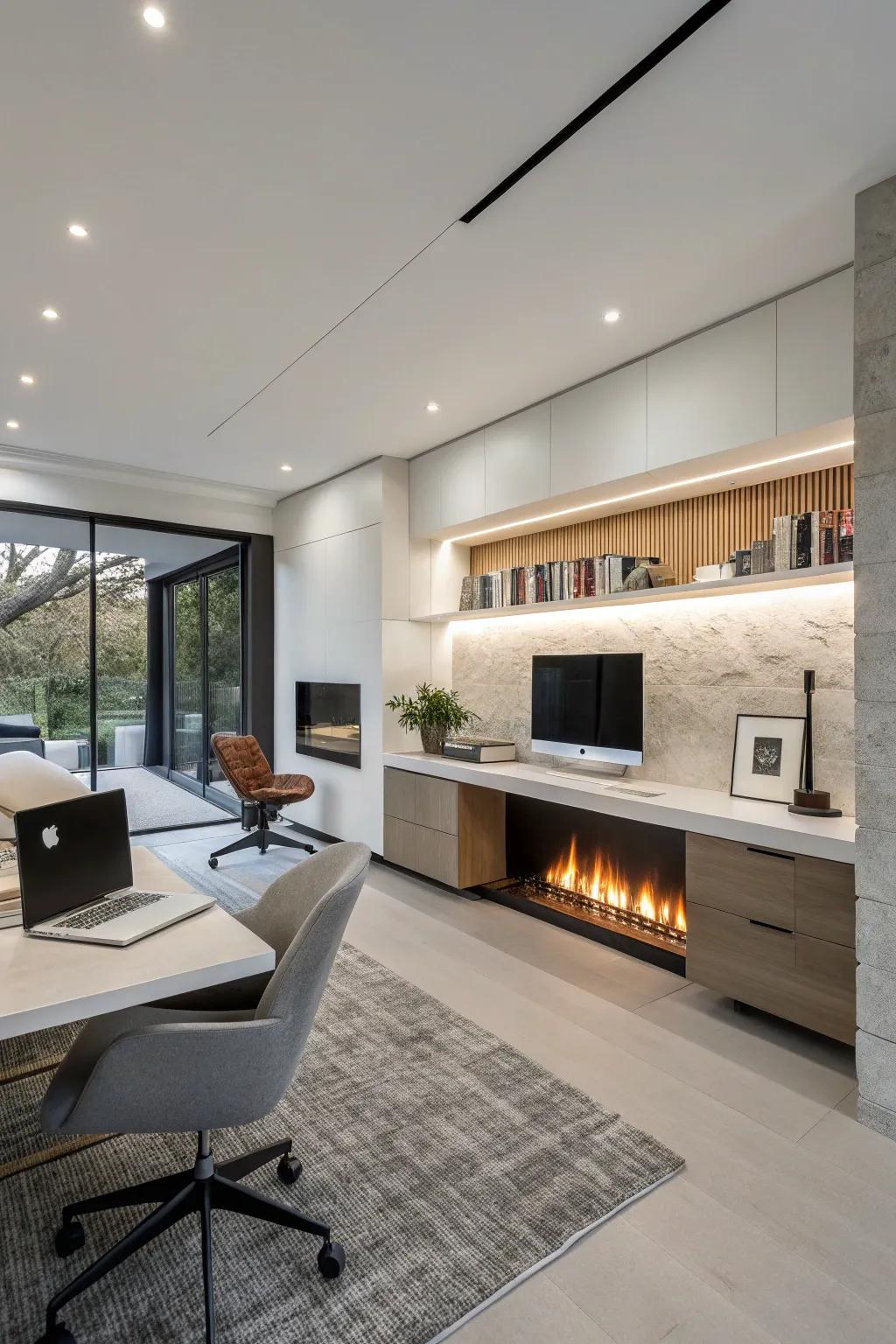 A seamless built-in fireplace enhances modern design.