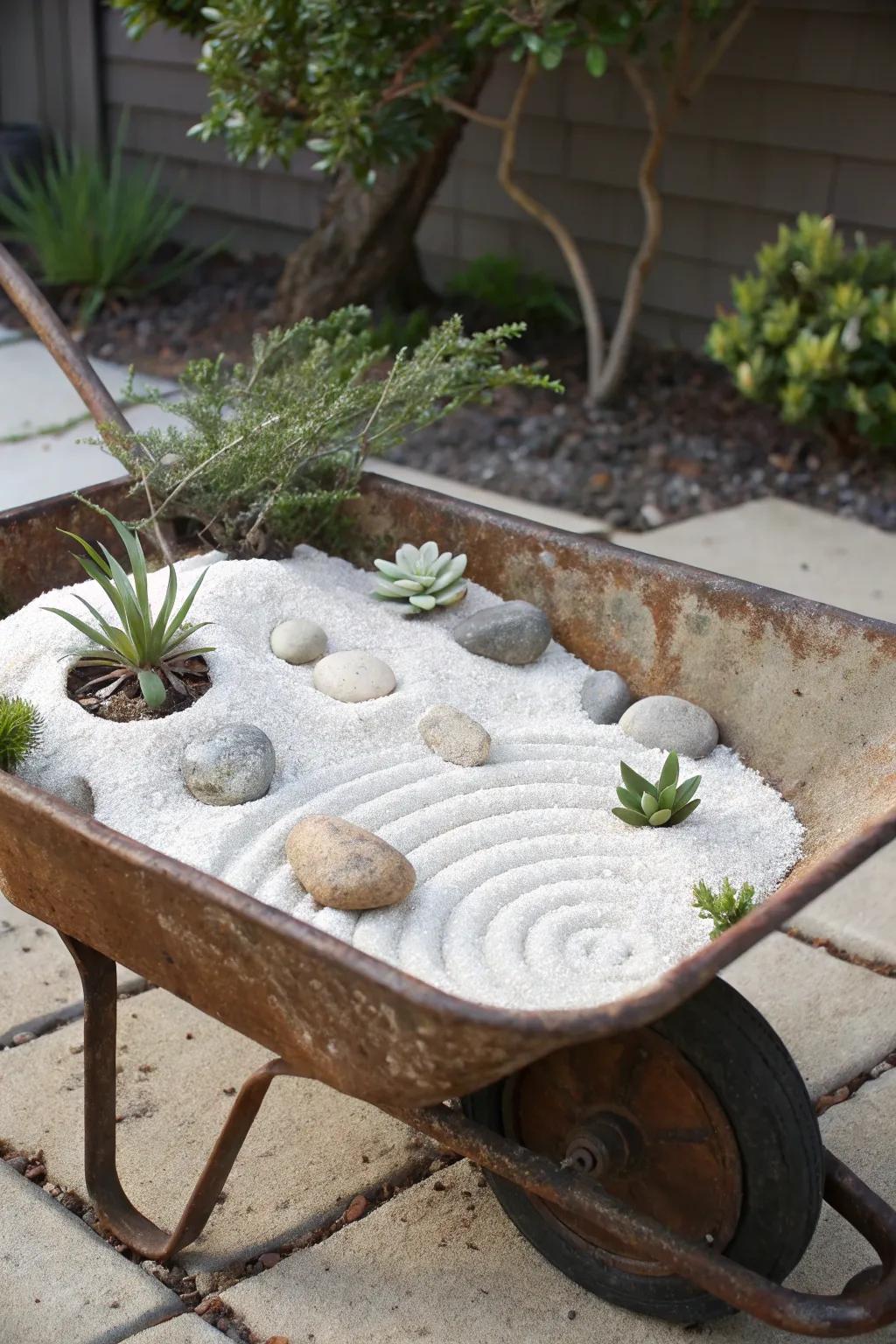 Transform tranquility into art with this rustic wheelbarrow Zen garden.