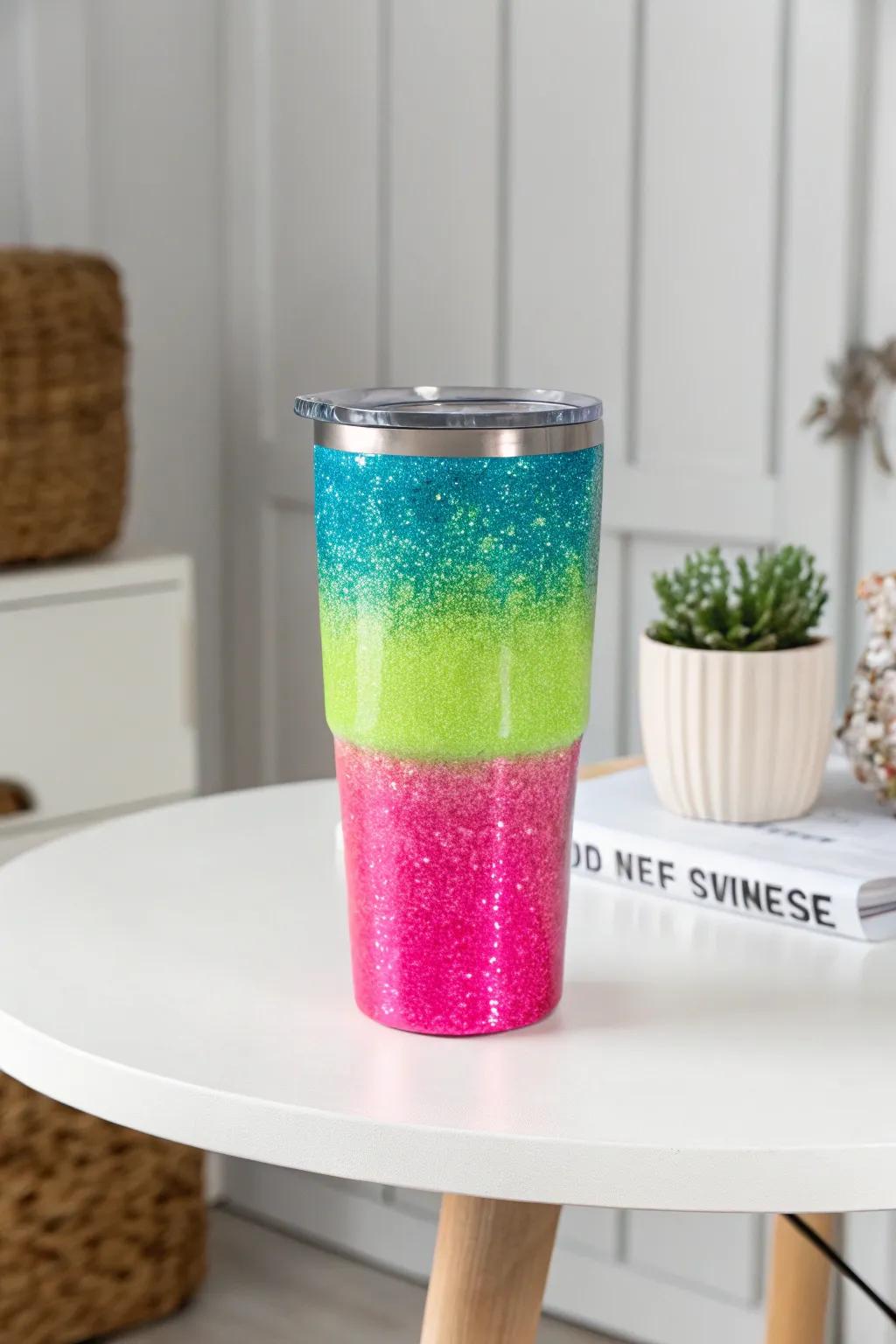 Illuminate your night with this neon ombre glitter tumbler, the perfect blend of retro flair and minimalist elegance.