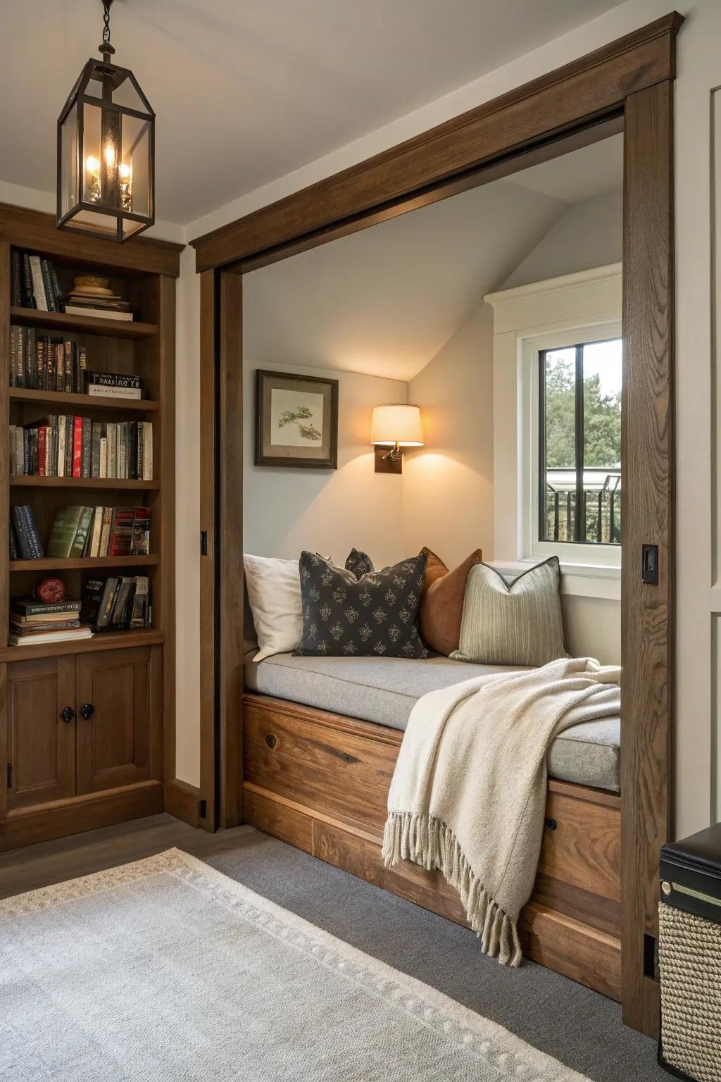 Transform your open doorway into a cozy retreat with built-in charm and comfort.