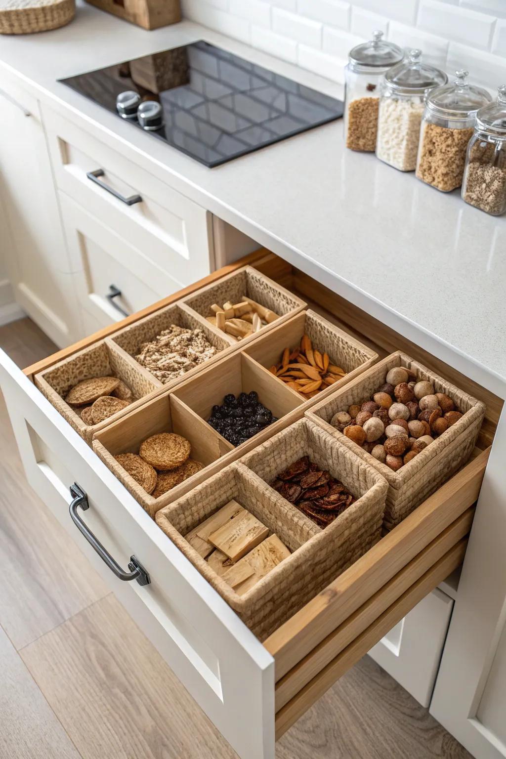 Transform your kitchen drawer into a stylish snack station for effortless organization and charm.