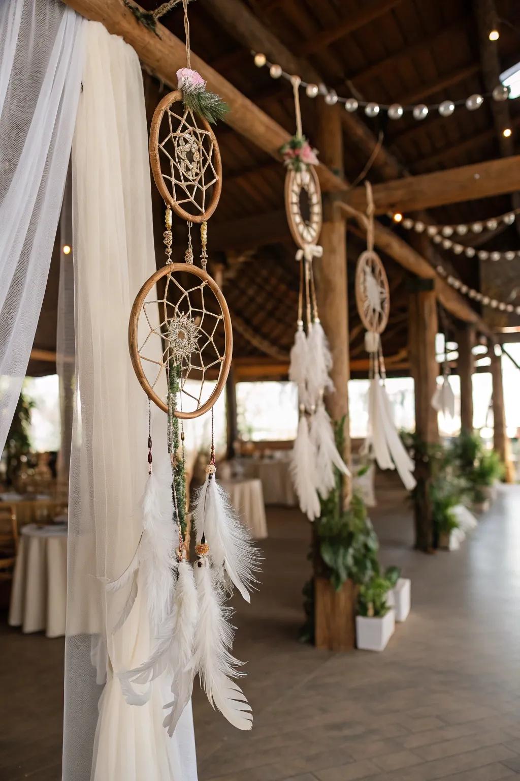 Whimsical handmade dreamcatchers add charm to the wedding venue.