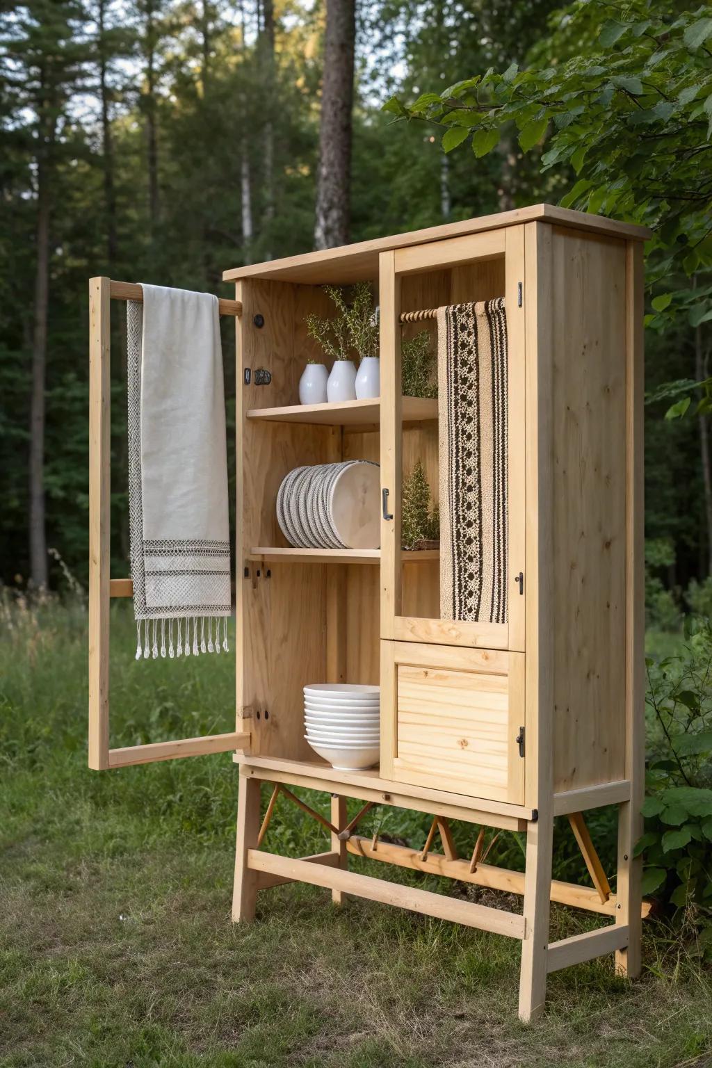Embrace Nordic efficiency with a stylish dish-drying cabinet for your outdoor adventures.